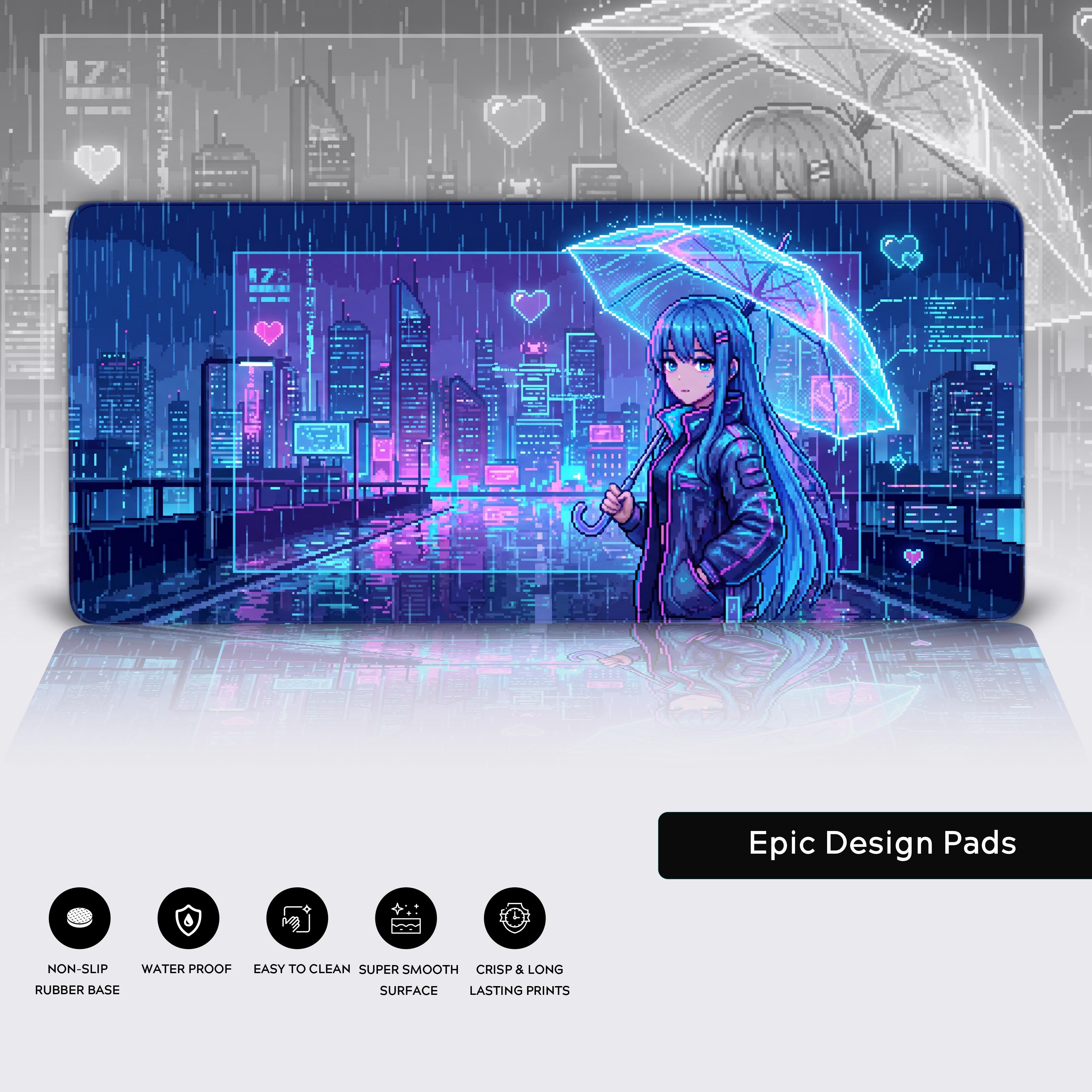 Product view of the cyberpunk pixel art desk mat highlighting the colorful graphics alongside feature icons.