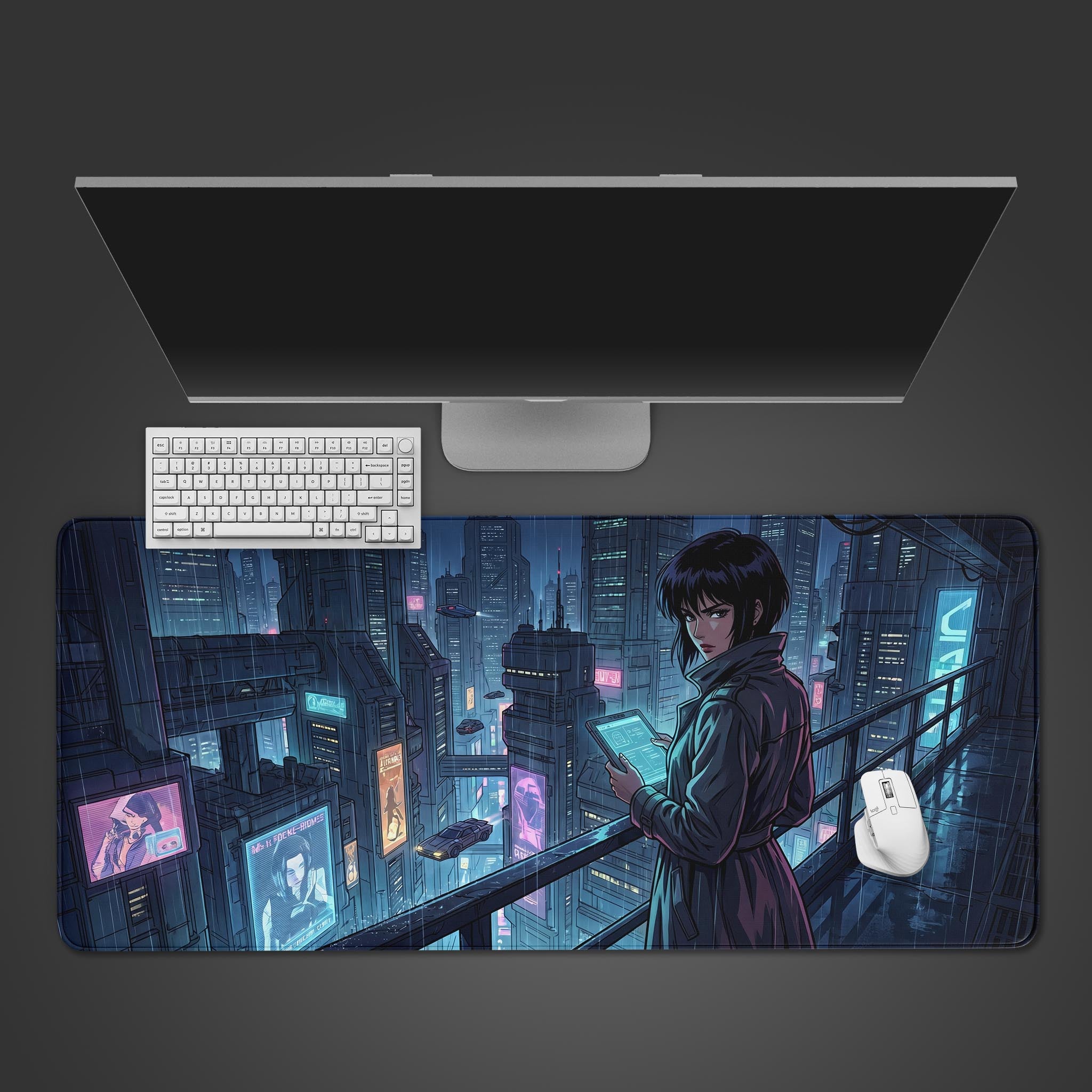 Cyberpunk anime girl overlooking a rainy neon city futuristic desk mat