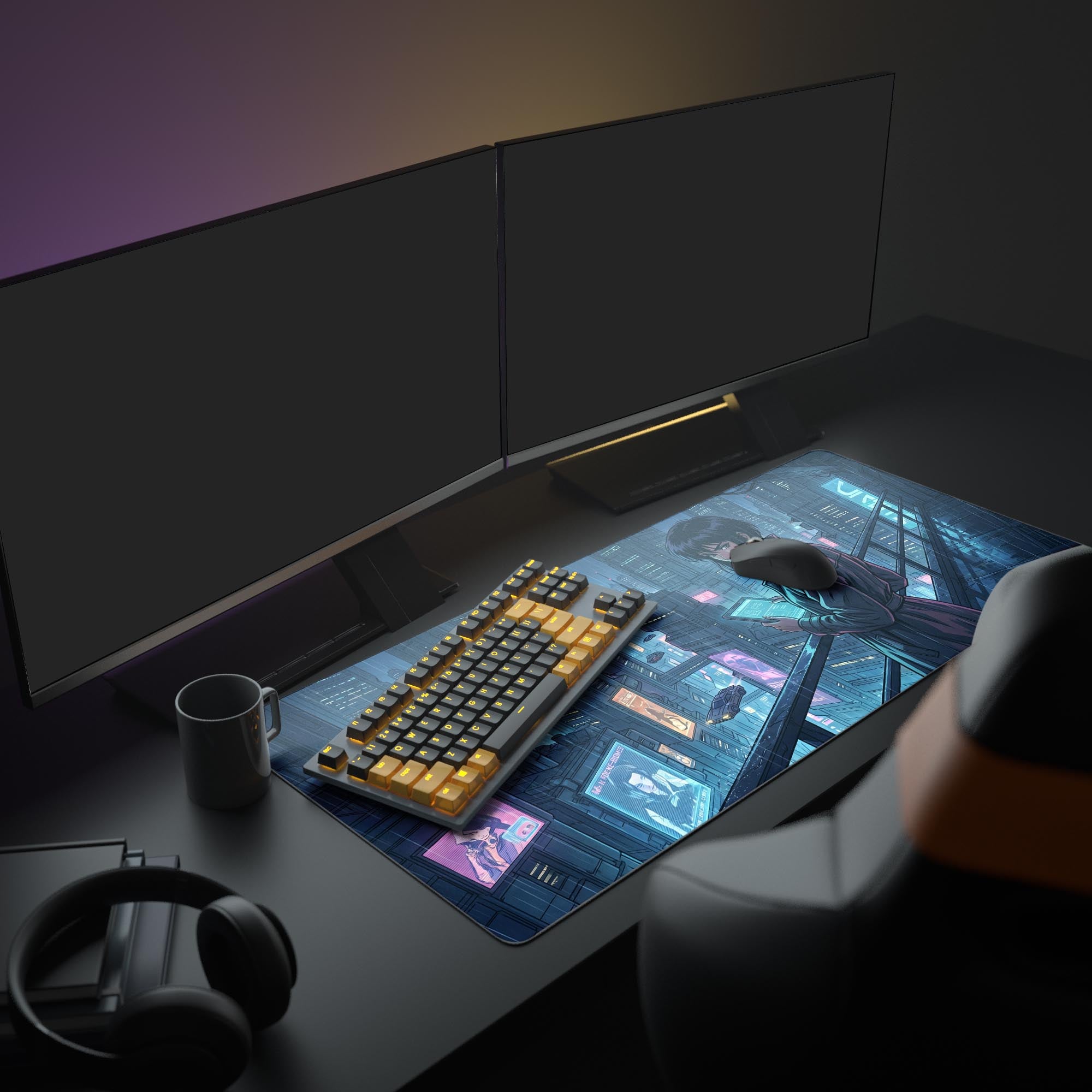 Close-up of sci-fi cityscape with holographic billboards on a premium waterproof mouse pad