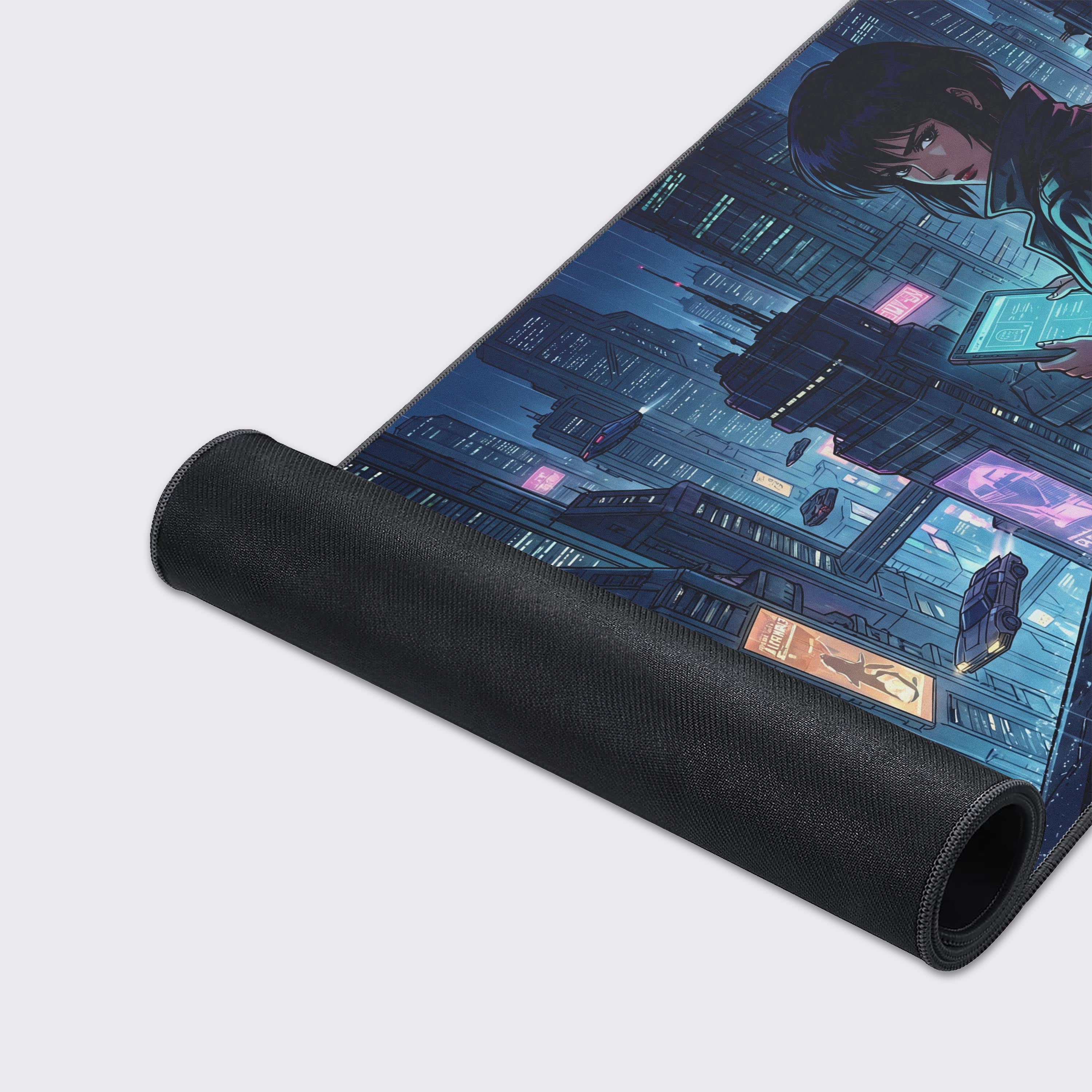 Highlighting the crisp edge-to-edge anime cyberpunk print on the smooth gaming mat surface