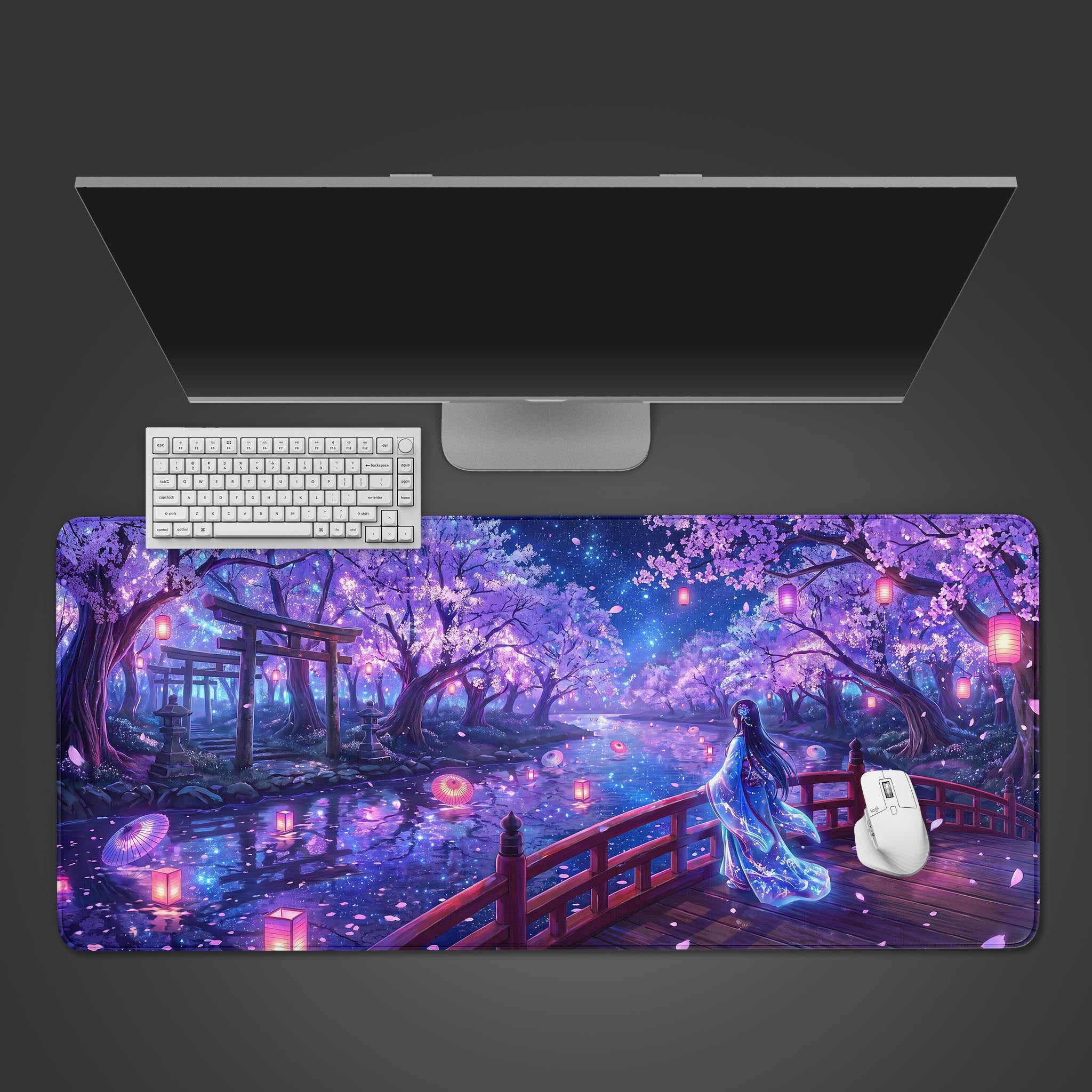 A woman in a blue kimono standing on a wooden bridge looking at glowing floating lanterns on a river under cherry blossom trees