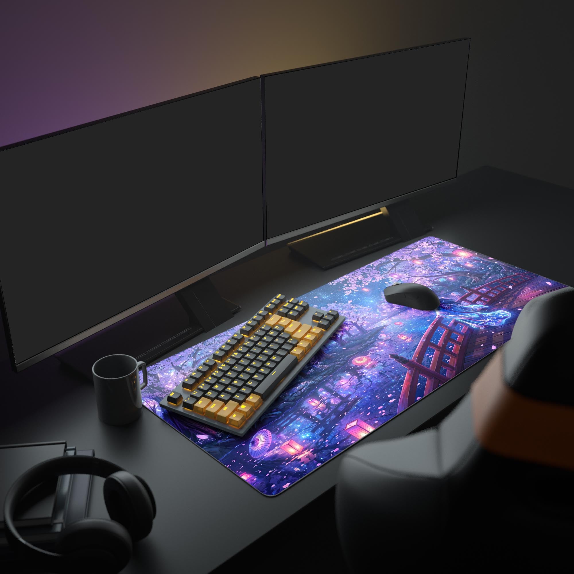 Close up of vibrant purple and pink sakura blossoms and stone lanterns on an anime fantasy gaming desk mat