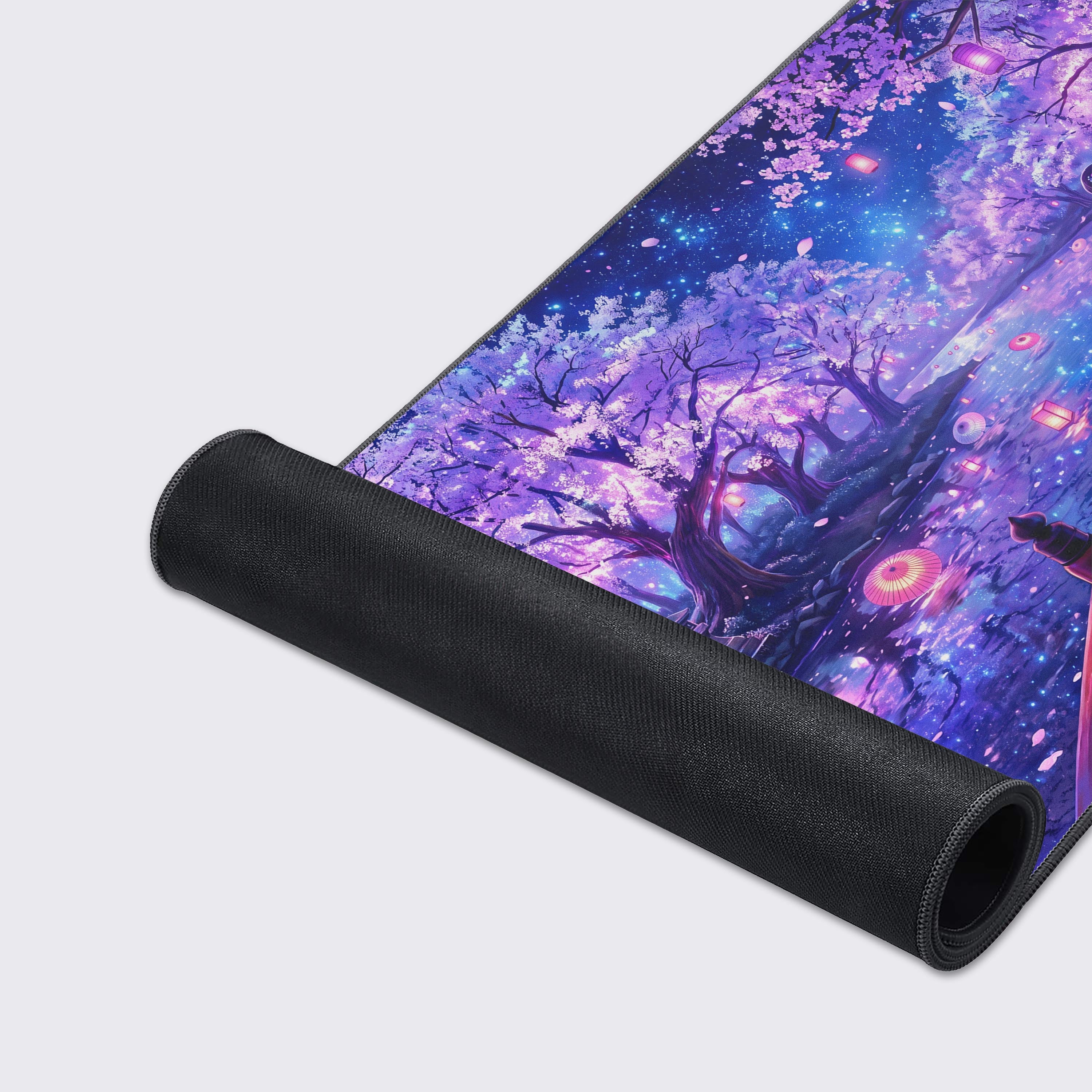 Product features of the Moonlit Torii desk mat including non-slip rubber base, waterproof coating, and smooth surface icons