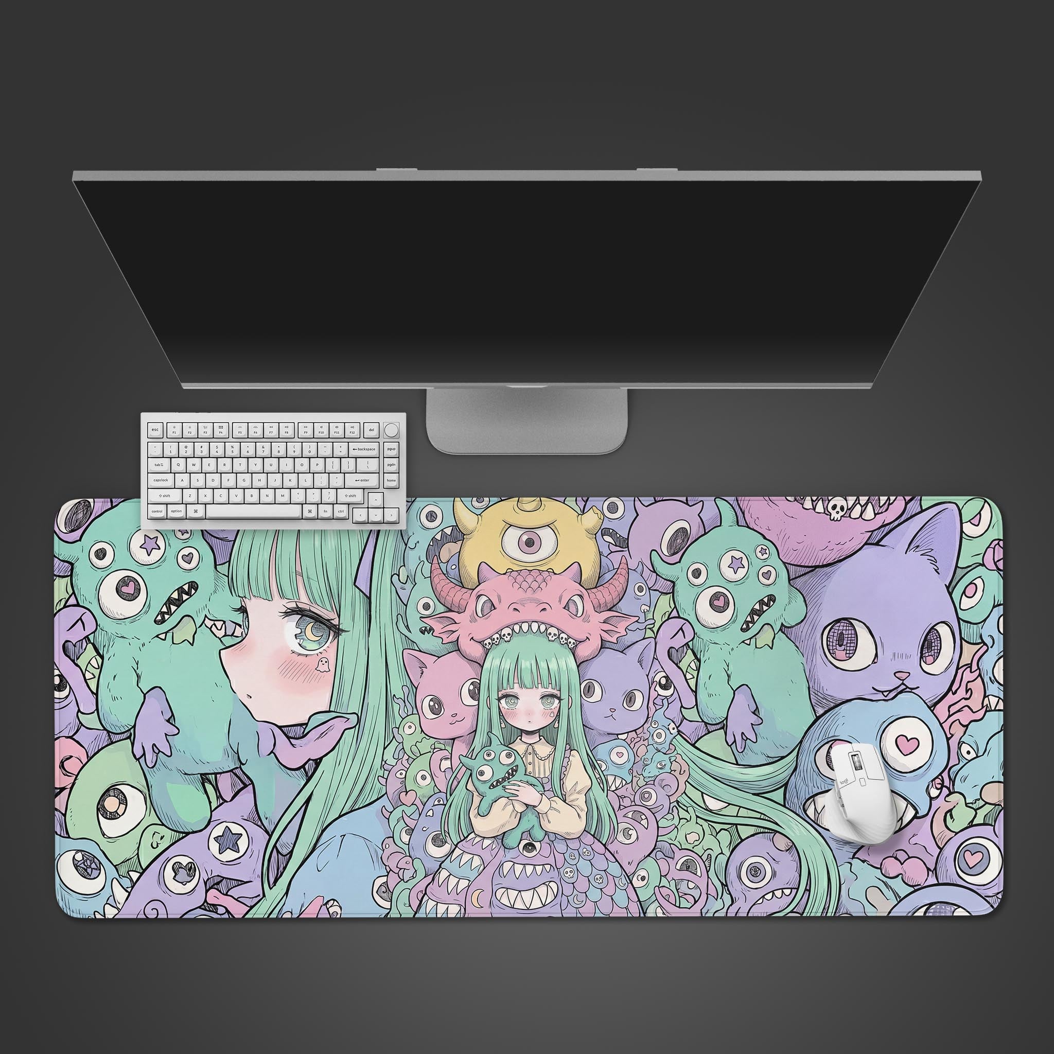 A vibrant desk mat featuring an anime girl surrounded by pastel-colored, creepy-cute monsters with multiple eyes.