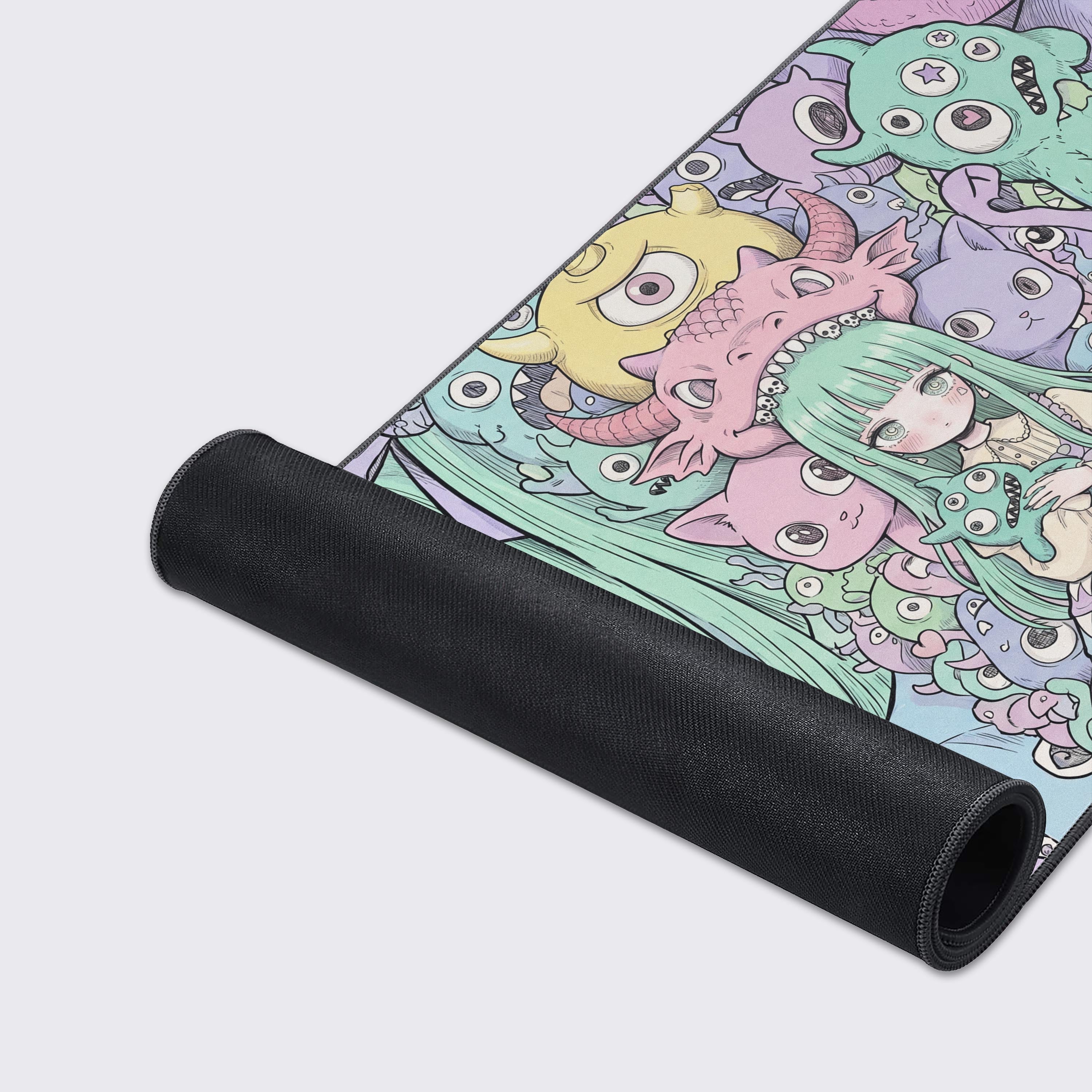 Waterproof spill-resistant feature shown on the kawaii anime girl large gaming mouse pad.