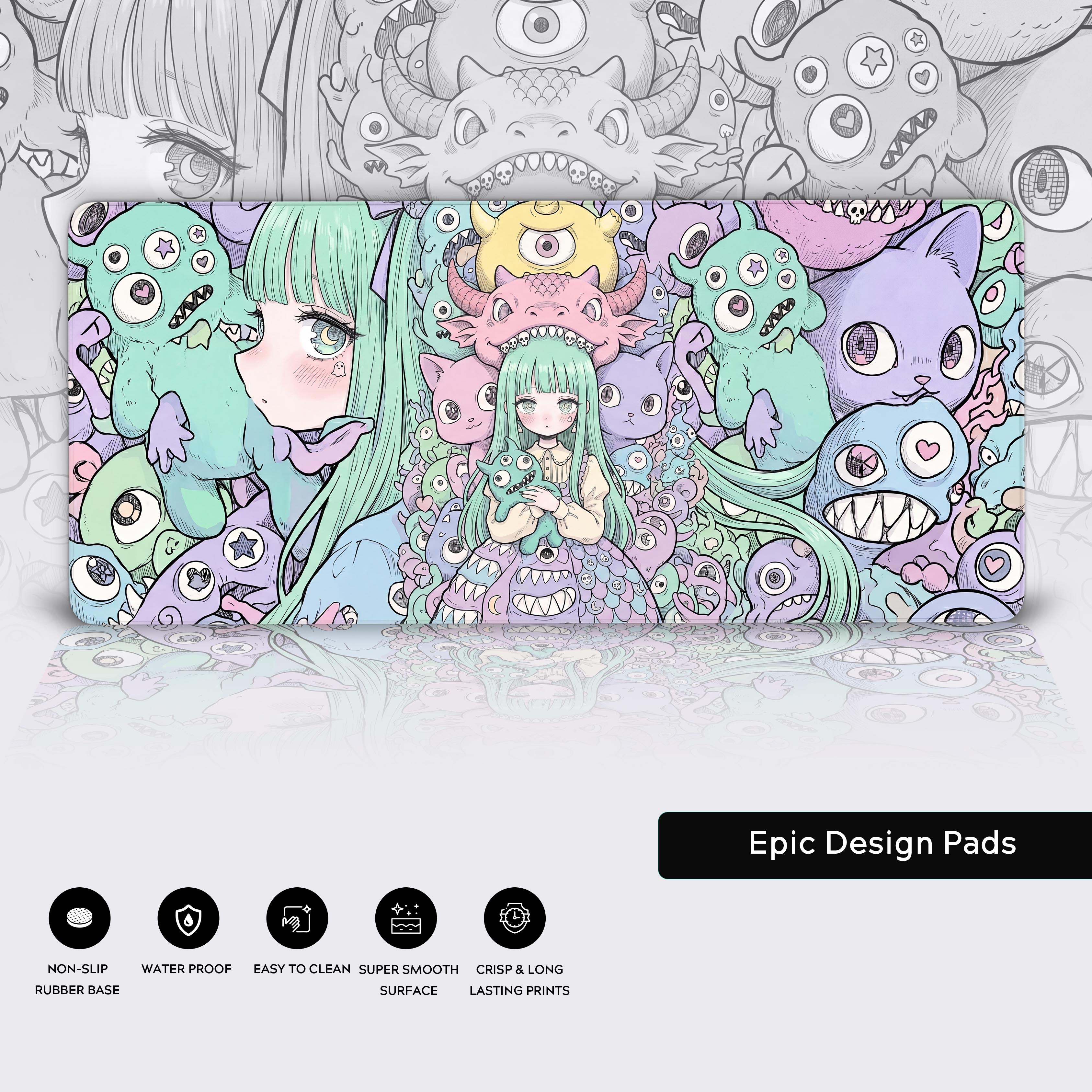 Non-slip rubber base of the pastel goth aesthetic desk mat ensuring stability for gaming setups.