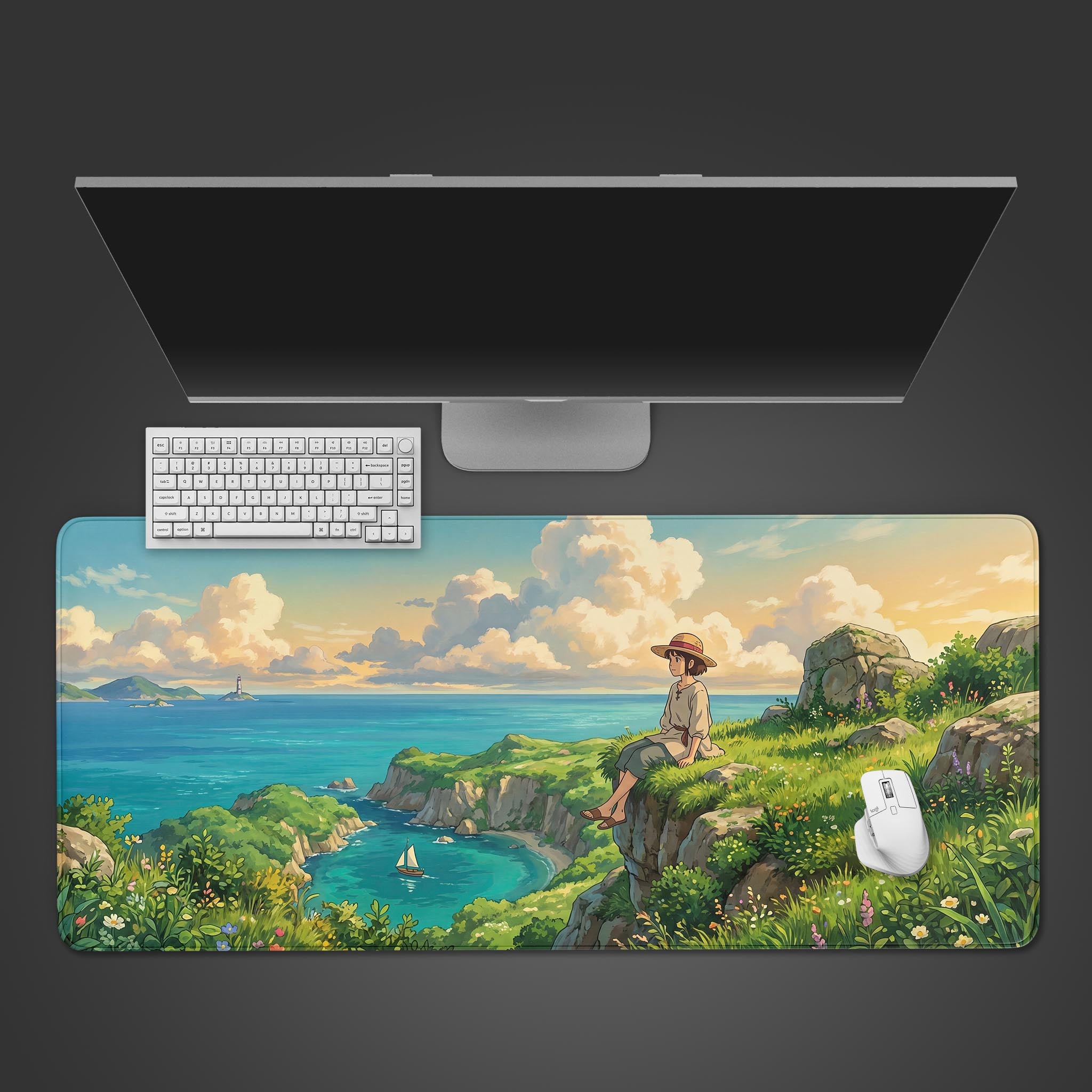 Anime girl sitting on a grassy cliff overlooking a bright blue ocean desk mat