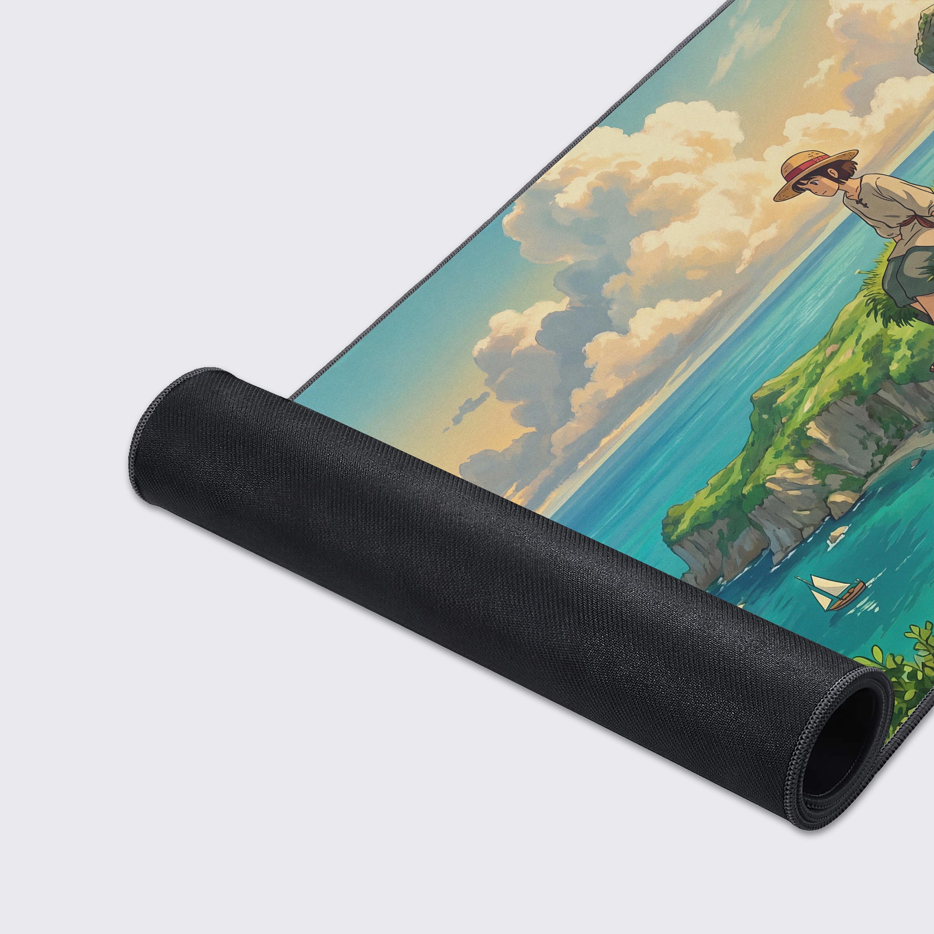 Close up of vibrant green grass and wildflowers on a cozy aesthetic desk mat