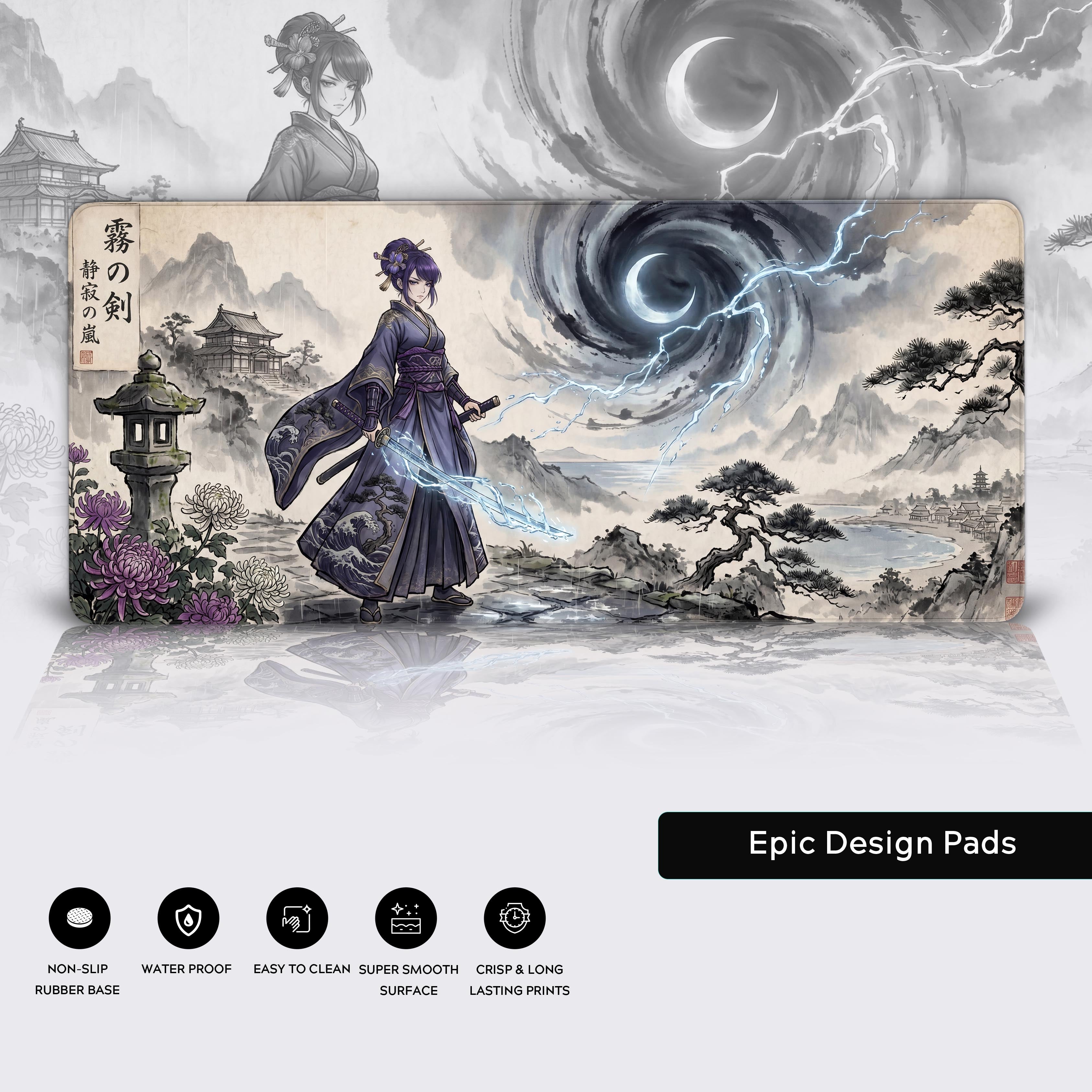 Desk mat material feature icons showing non-slip rubber base, waterproof, easy to clean, super smooth surface, and crisp long-lasting prints