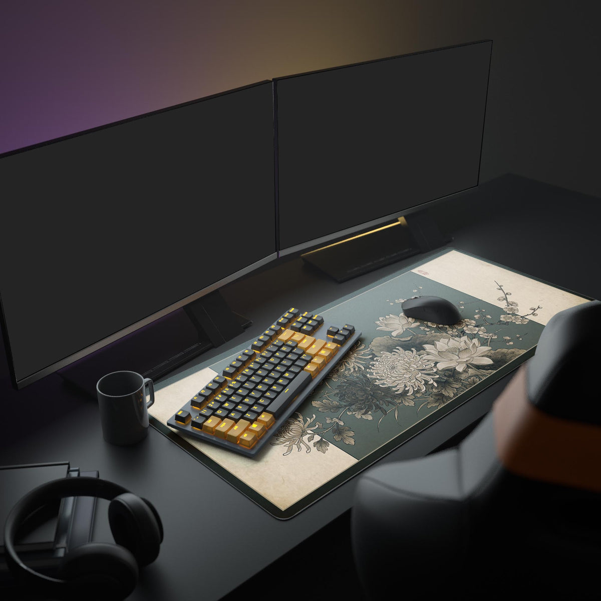 A sophisticated desk setup featuring the Antique Bloom mouse pad, complementing a sleek monitor, keyboard, and mouse, creating a calm and focused workspace aesthetic. - Epic Design Pads & Mousepads