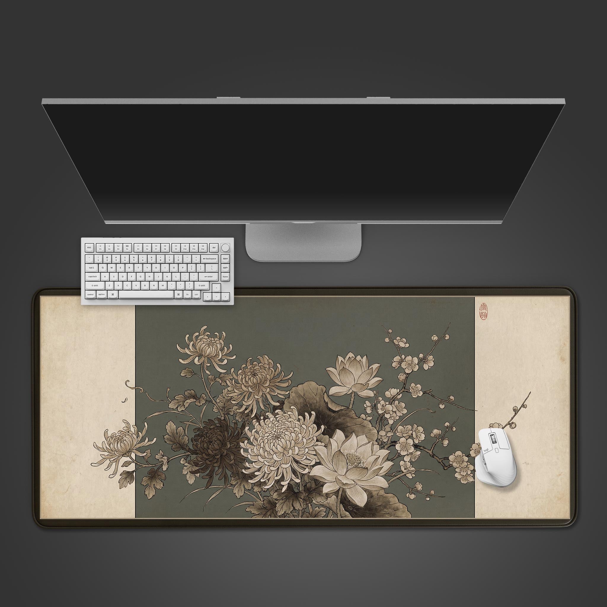 Top-down view of the Antique Bloom gaming desk mat featuring a vintage Chinese floral design, shown with a white keyboard and mouse on a dark background. - Epic Design Pads & Mousepads