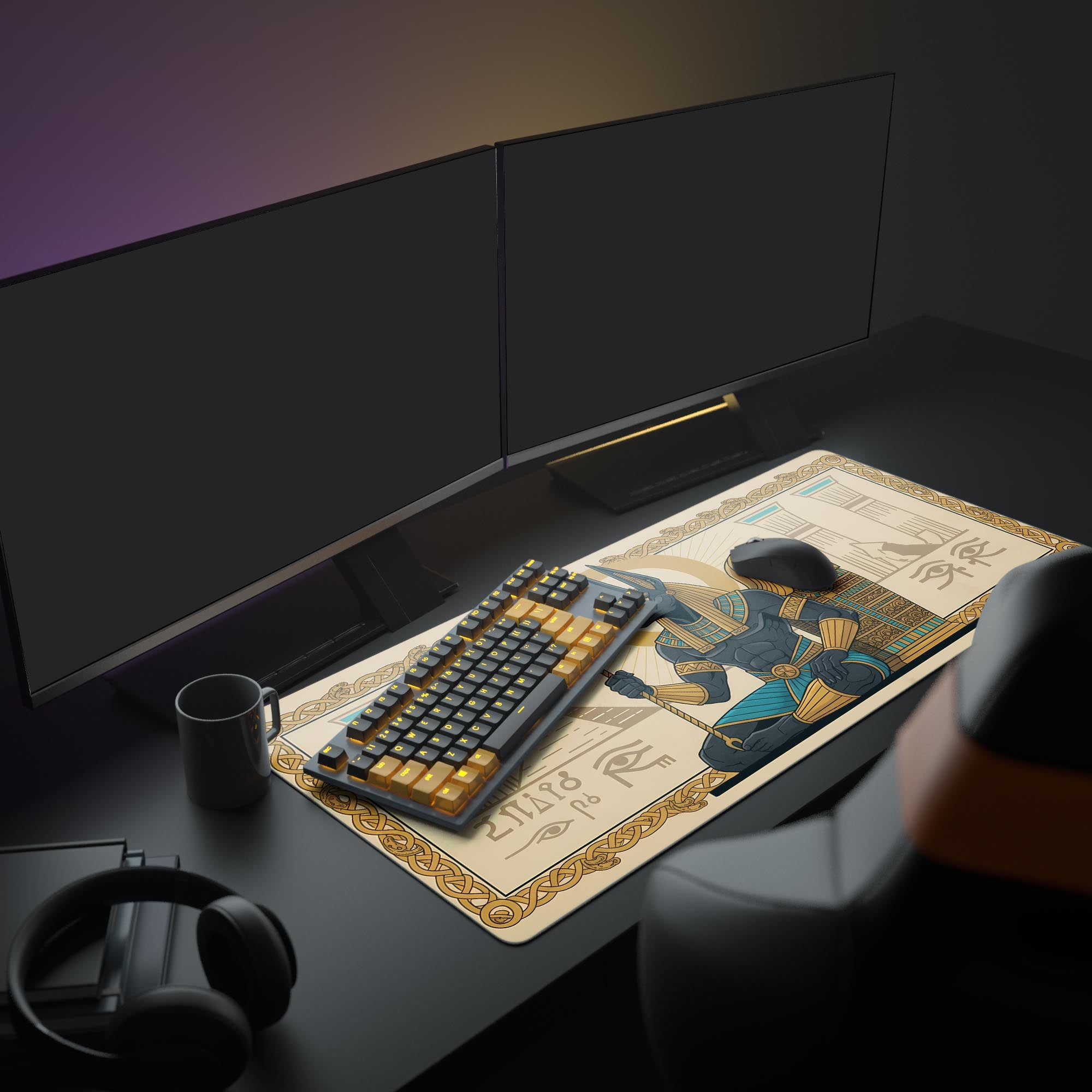 Large tiger and rose desk mat in a complete office setup with dual monitors, a mechanical keyboard, and headphones, showcasing its size and aesthetic appeal. - Epic Design Pads & Mousepads