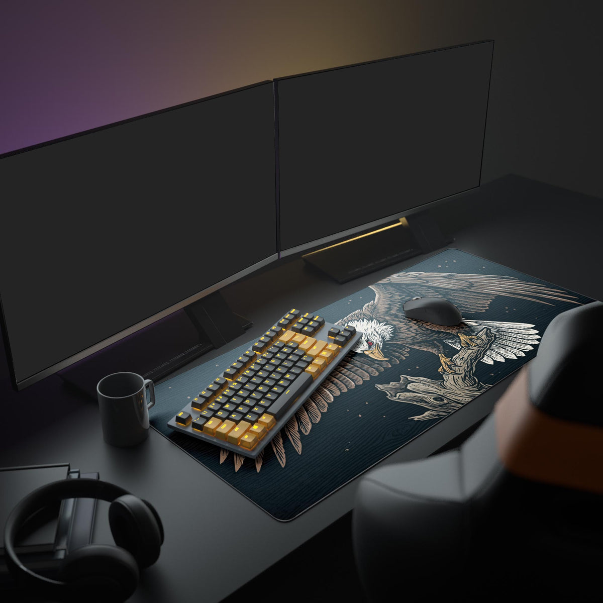 A full gaming setup featuring the Apex Sovereign eagle mouse pad, providing a commanding aesthetic with a large monitor, white keyboard, and ergonomic mouse. - Epic Design Pads & Mousepads