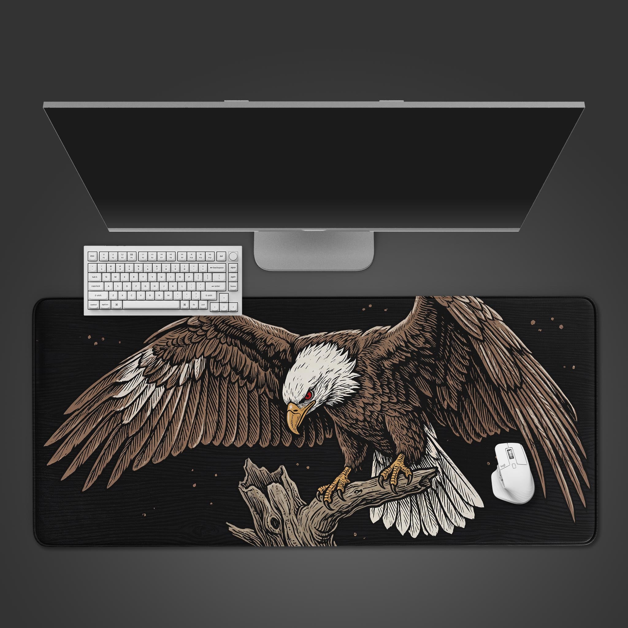 Top-down view of the Apex Sovereign gaming desk mat featuring a powerful eagle design, shown with a white keyboard and mouse on a dark grey background. - Epic Design Pads & Mousepads