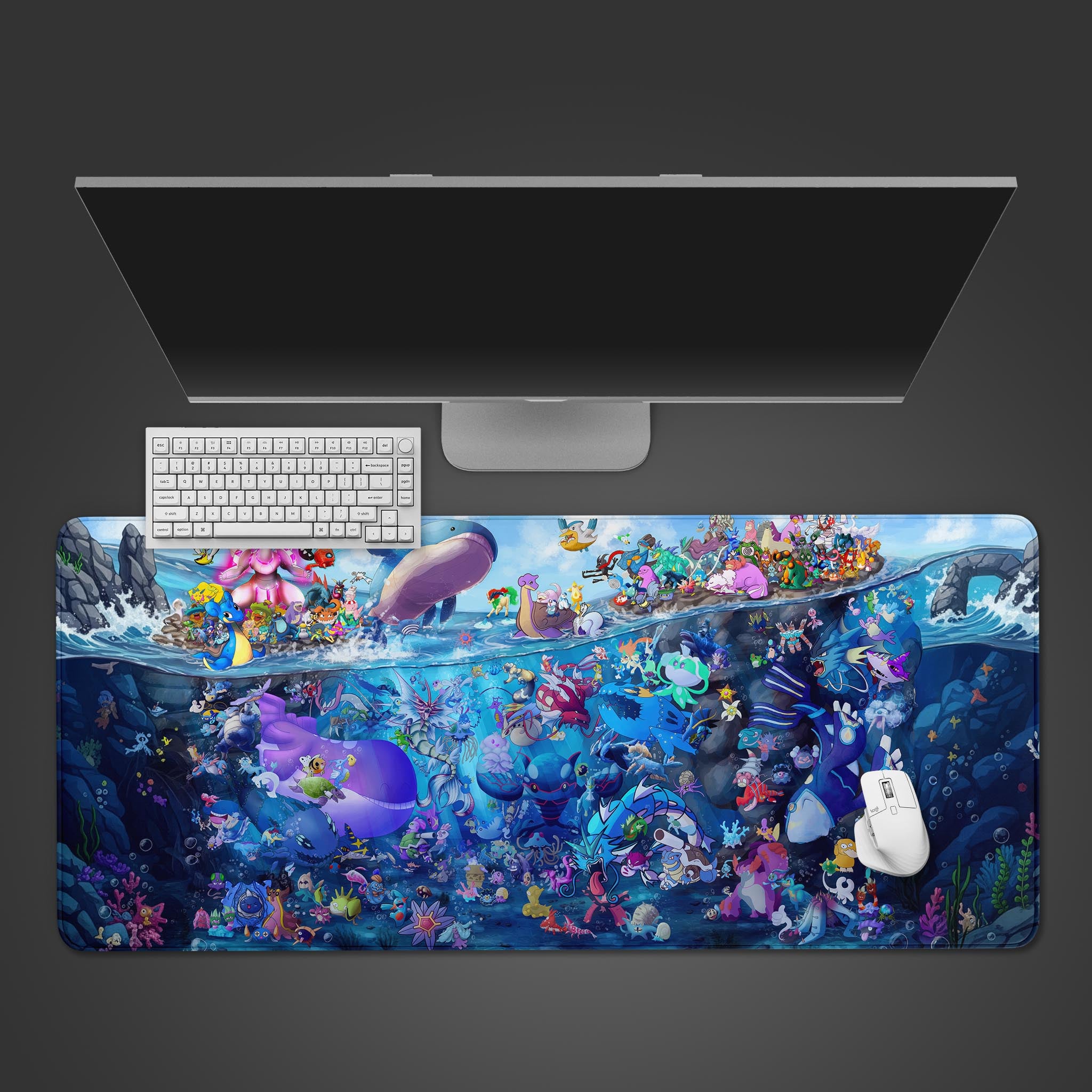 Aqua Region Pokémon inspired desk mat with a vibrant underwater creature design, shown from a top-down view with a keyboard and mouse. - Epic Design Pads