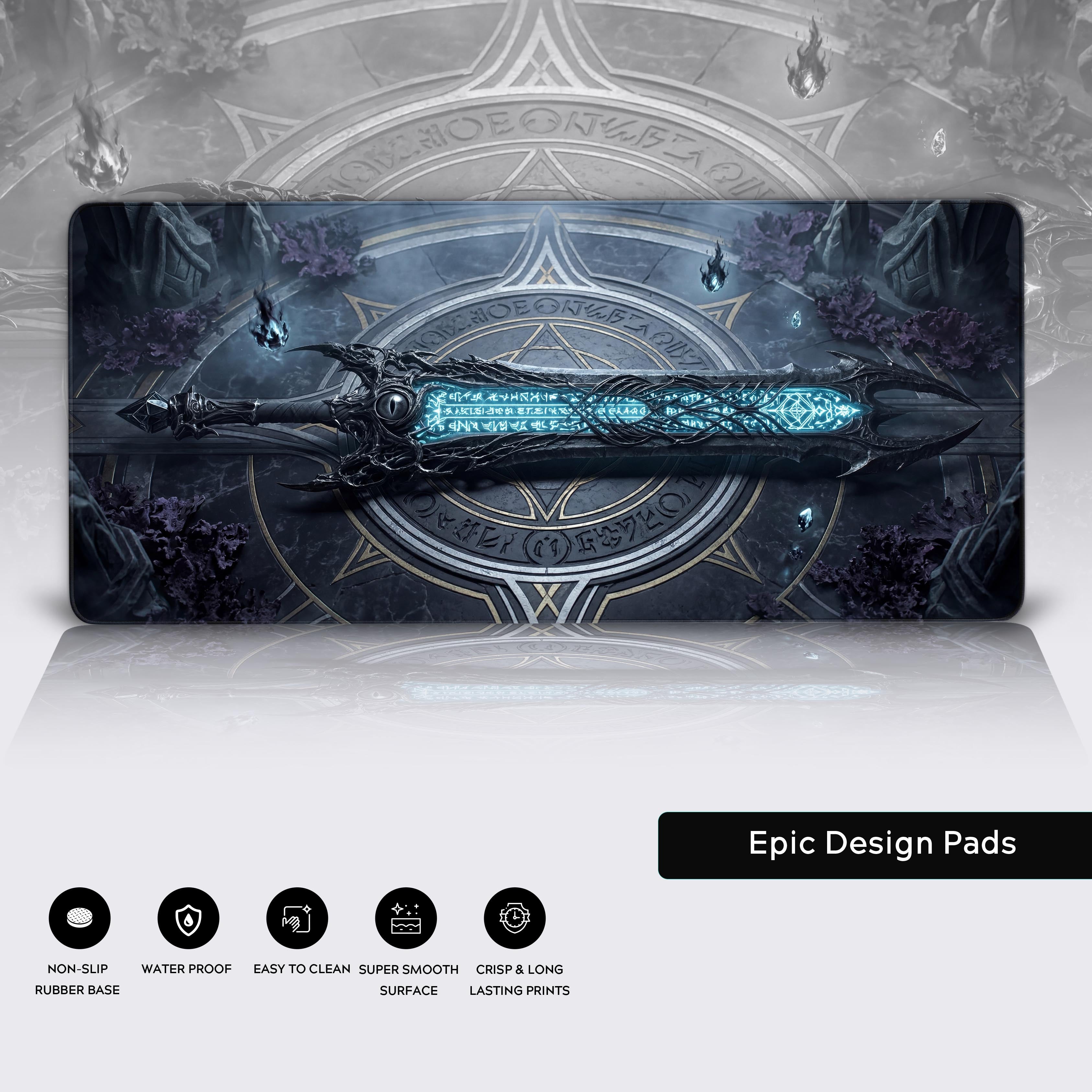 Epic dark fantasy gaming setup accessory featuring a magic greatsword