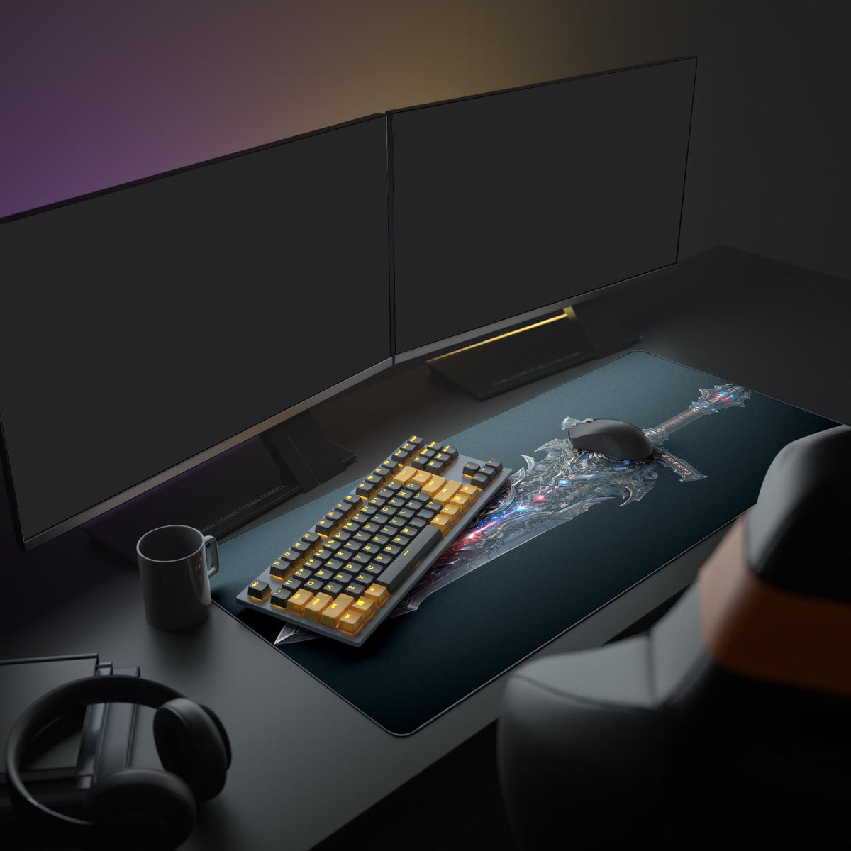 The Arcane Gearblade gaming desk mat displayed in a full PC setup with a large monitor, creating a dark fantasy theme for the workspace. - Epic Design Pads & Mousepads