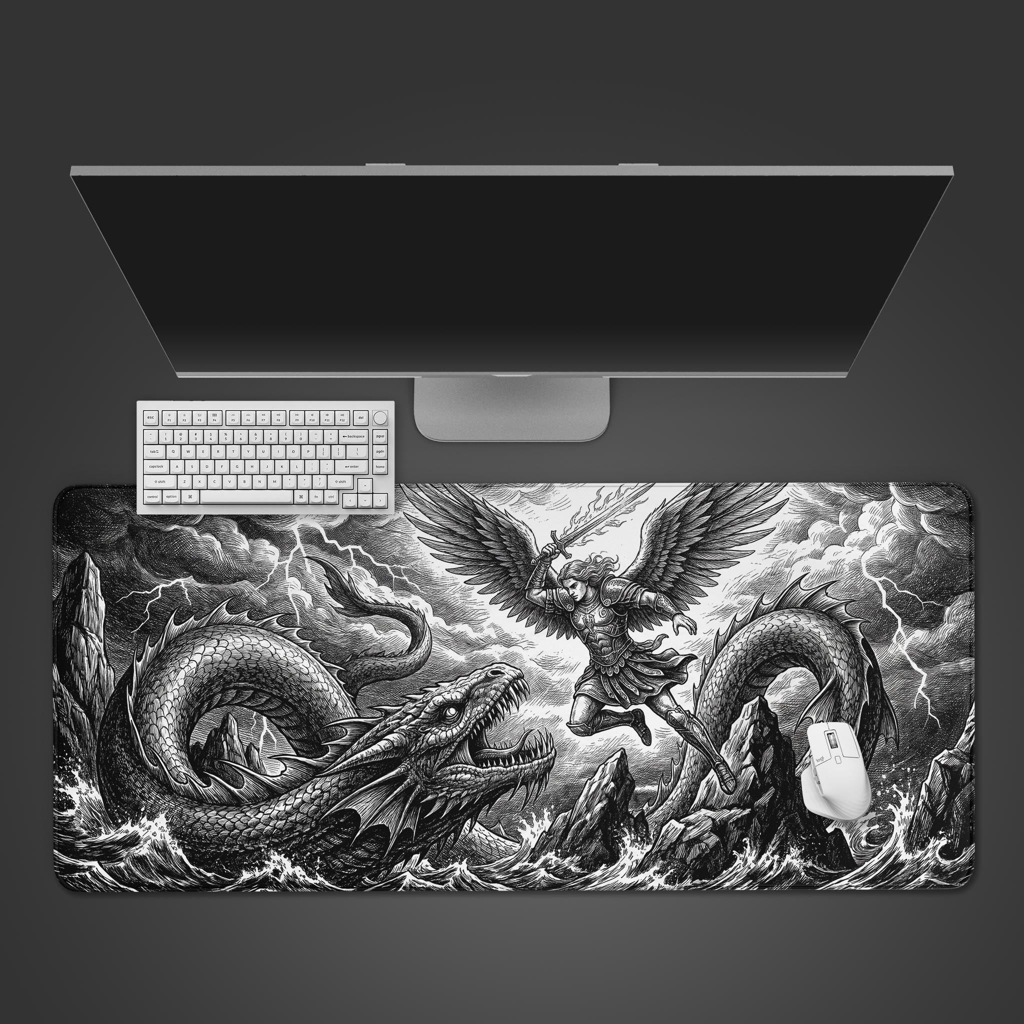 A black and white desk mat featuring an intricate etching-style illustration of a winged angel descending to strike a large sea dragon amidst crashing waves.