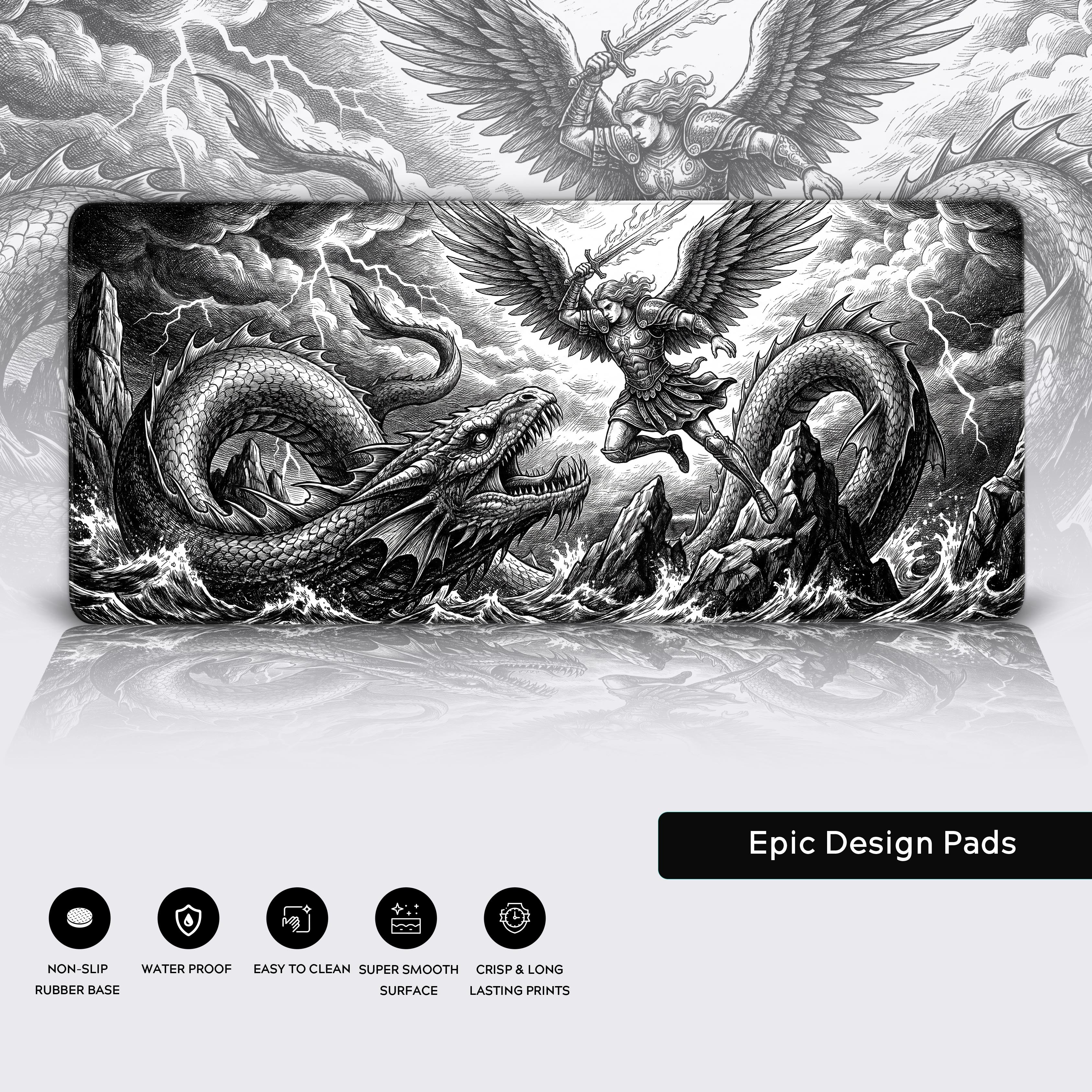 Epic mythological battle scene on a gaming desk mat, showcasing stark contrast in monochromatic ink line art.