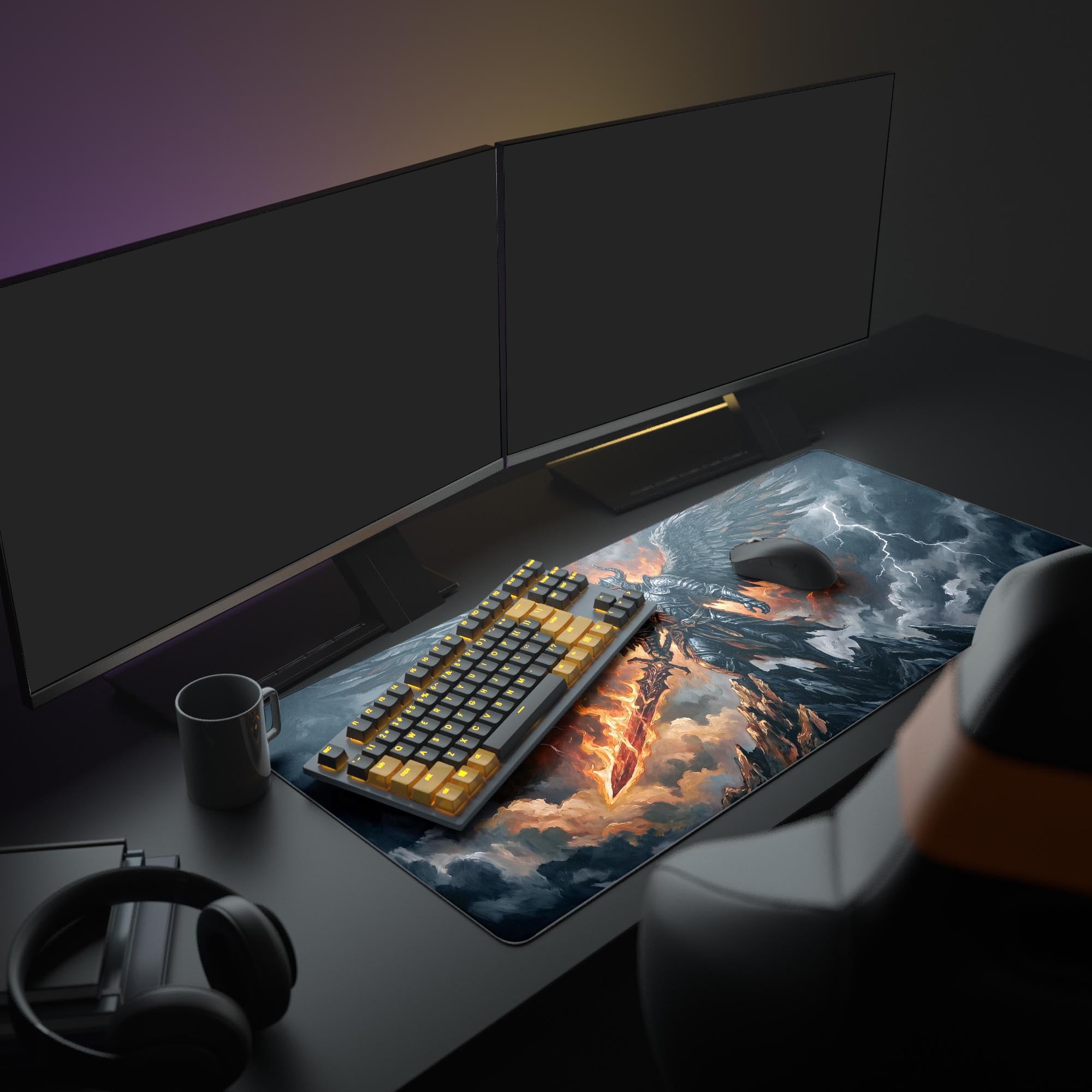 Close-up of the winged warrior and fiery sword artwork on the mouse pad
