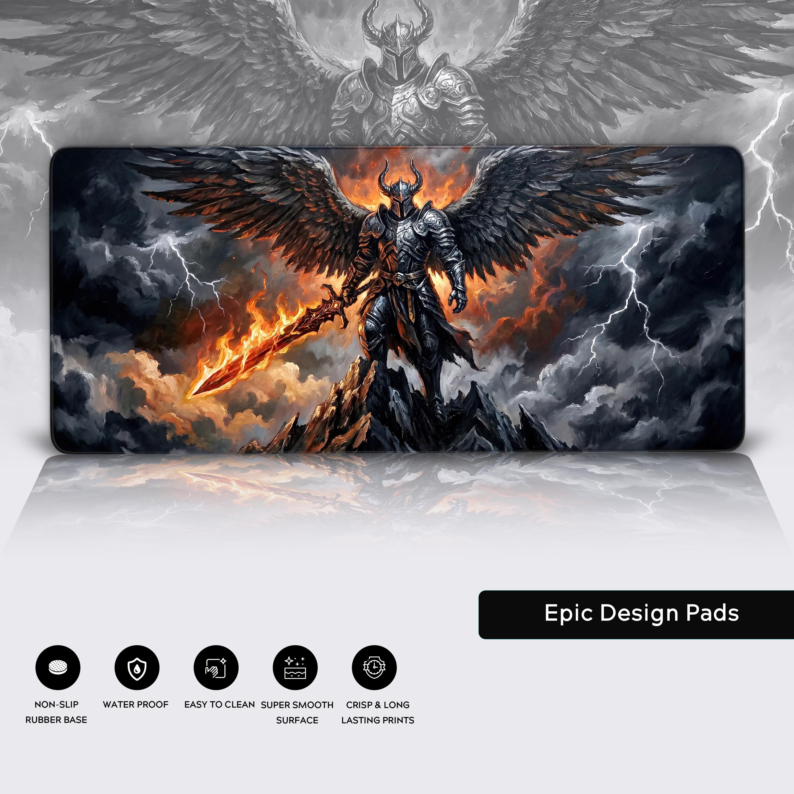 Epic dark fantasy setup featuring the armored angel desk mat in a gaming room