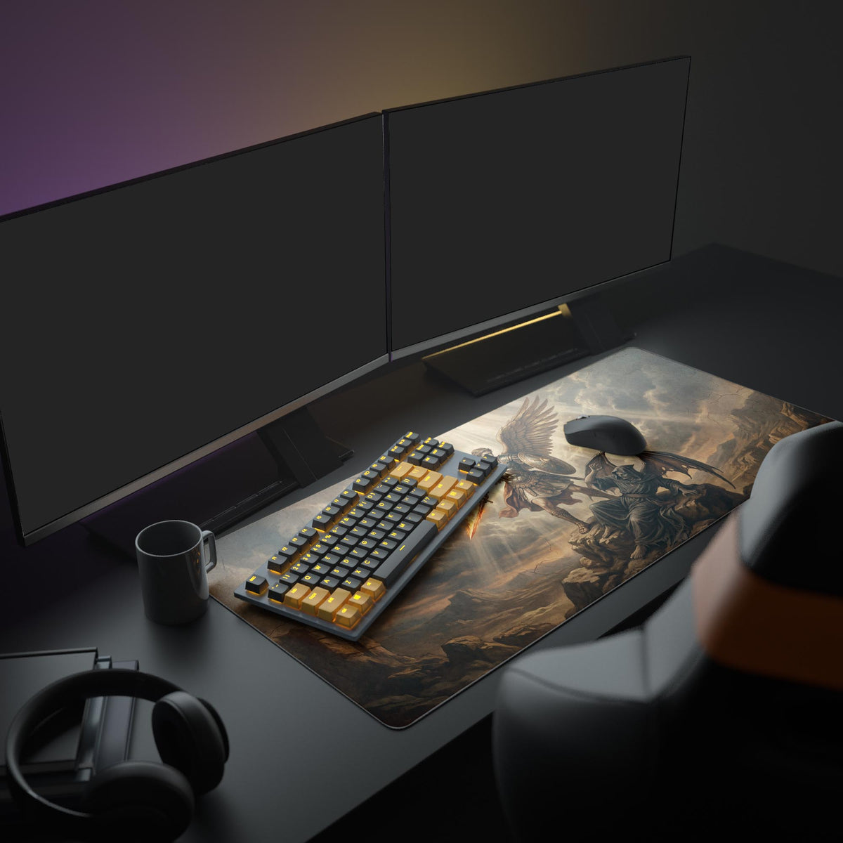 A full PC setup featuring the Archangel's Wrath XL mouse pad, displaying the mythological artwork of an angel defeating a demon under a monitor. - Epic Design Pads & Mousepads