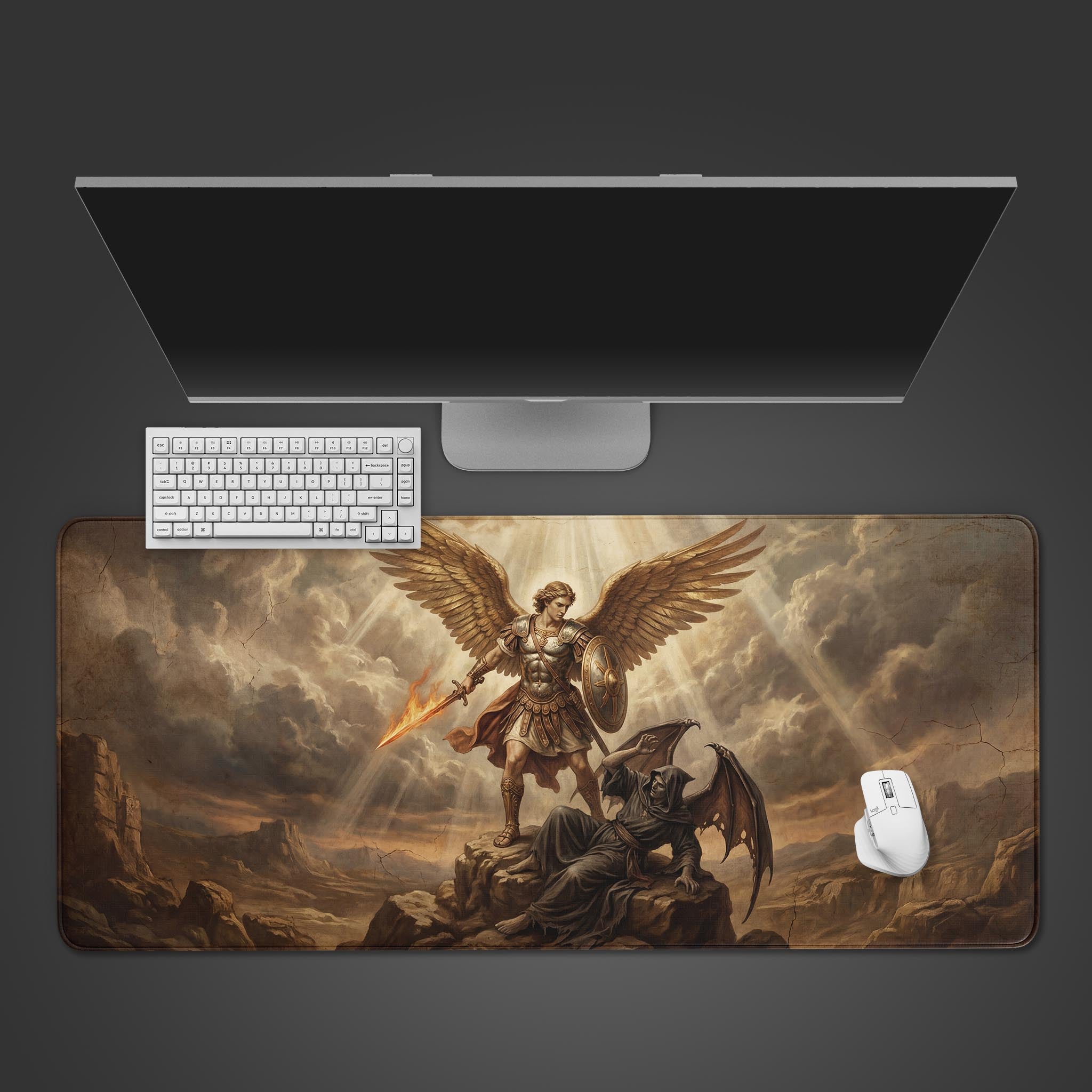 The Archangel's Wrath gaming desk mat shown from above with a white keyboard and mouse, depicting an epic celestial battle scene. - Epic Design Pads & Mousepads