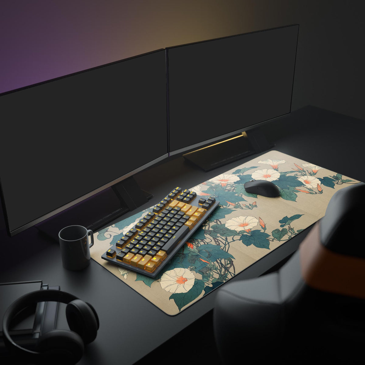 A full workstation featuring the Asagao Bloom mouse pad, creating a serene botanical aesthetic with dual monitors and a sleek white keyboard. - Epic Design Pads & Mousepads