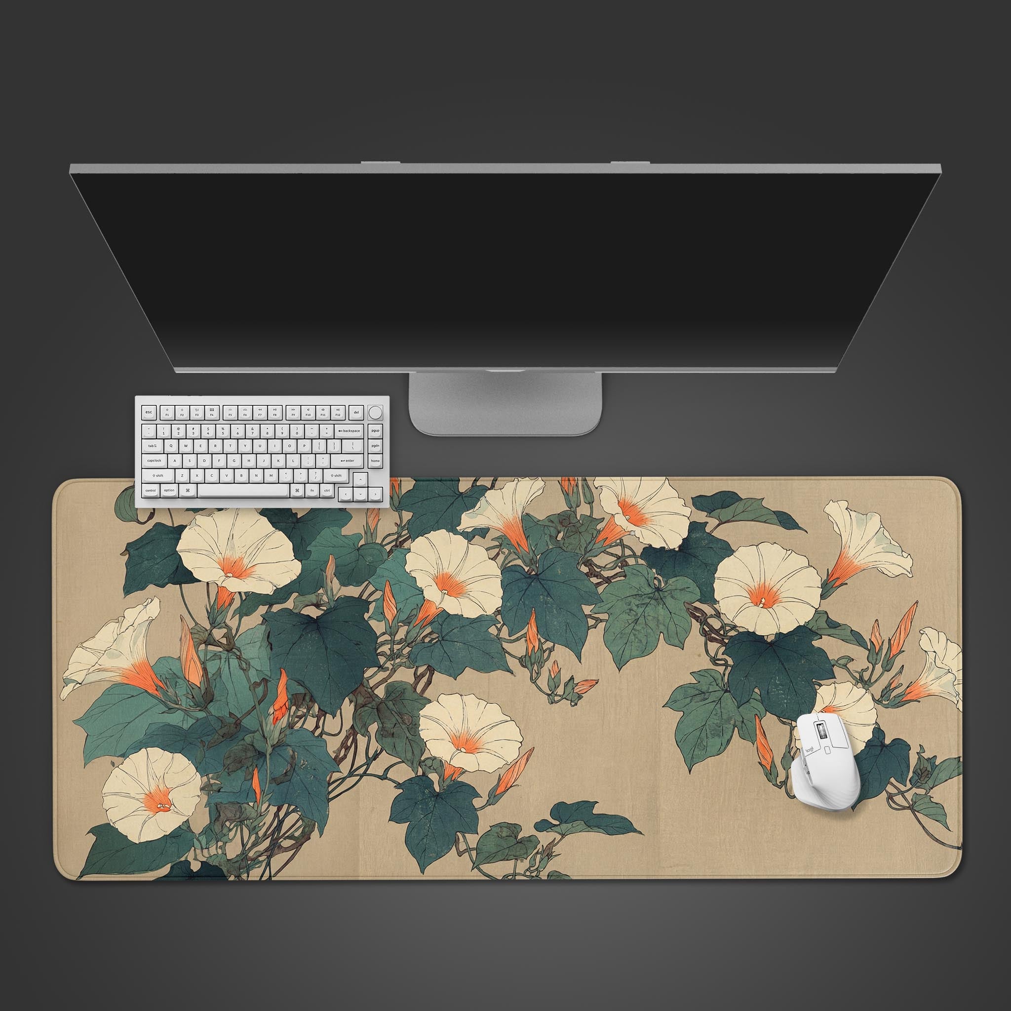 A top-down view of the Asagao Bloom gaming desk mat, featuring a Japanese floral design, with a white keyboard and mouse neatly arranged on top. - Epic Design Pads & Mousepads