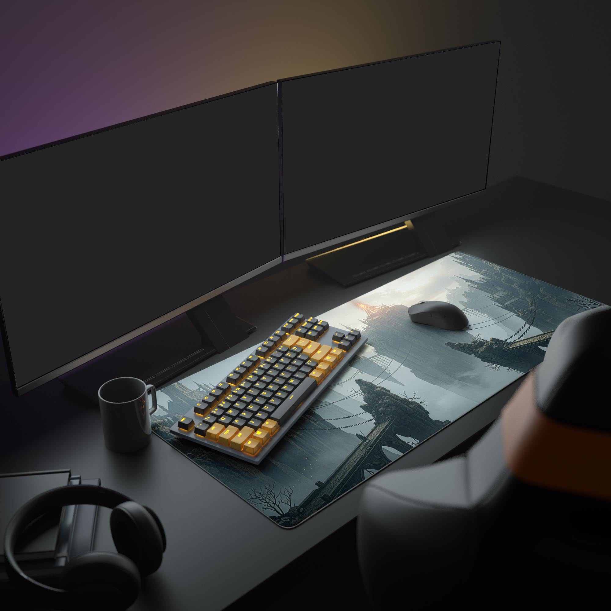 Large Ashen Bridges dark fantasy desk mat shown in an immersive RPG gaming setup with dual monitors and moody ambient lighting. - Epic Design Pads