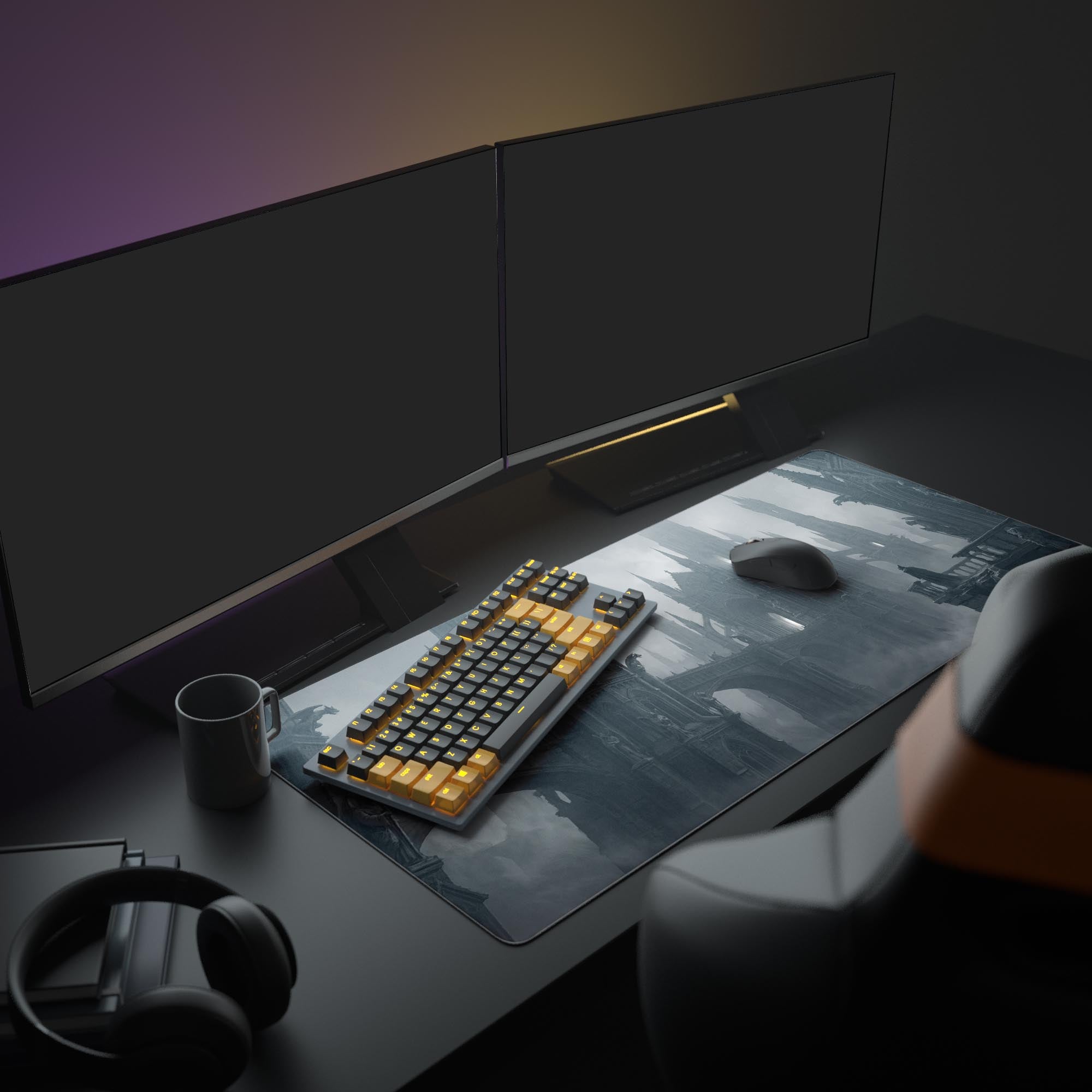 Large Ashen Citadel desk mat in a Dark Academia setup with dual monitors, books, and headphones. - Epic Design Pads & Mousepads