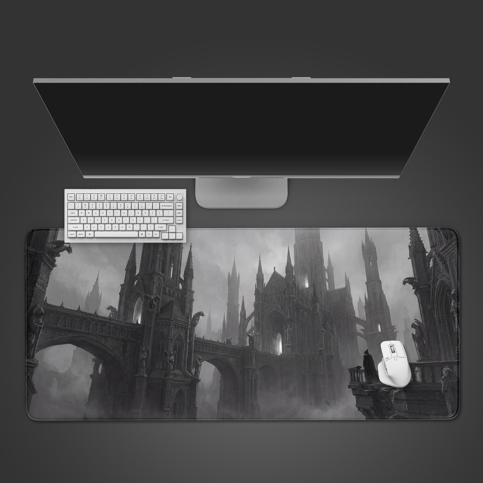 Ashen Citadel desk mat with gothic architectural design, shown from a top-down view with a black keyboard and mouse. - Epic Design Pads & Mousepads