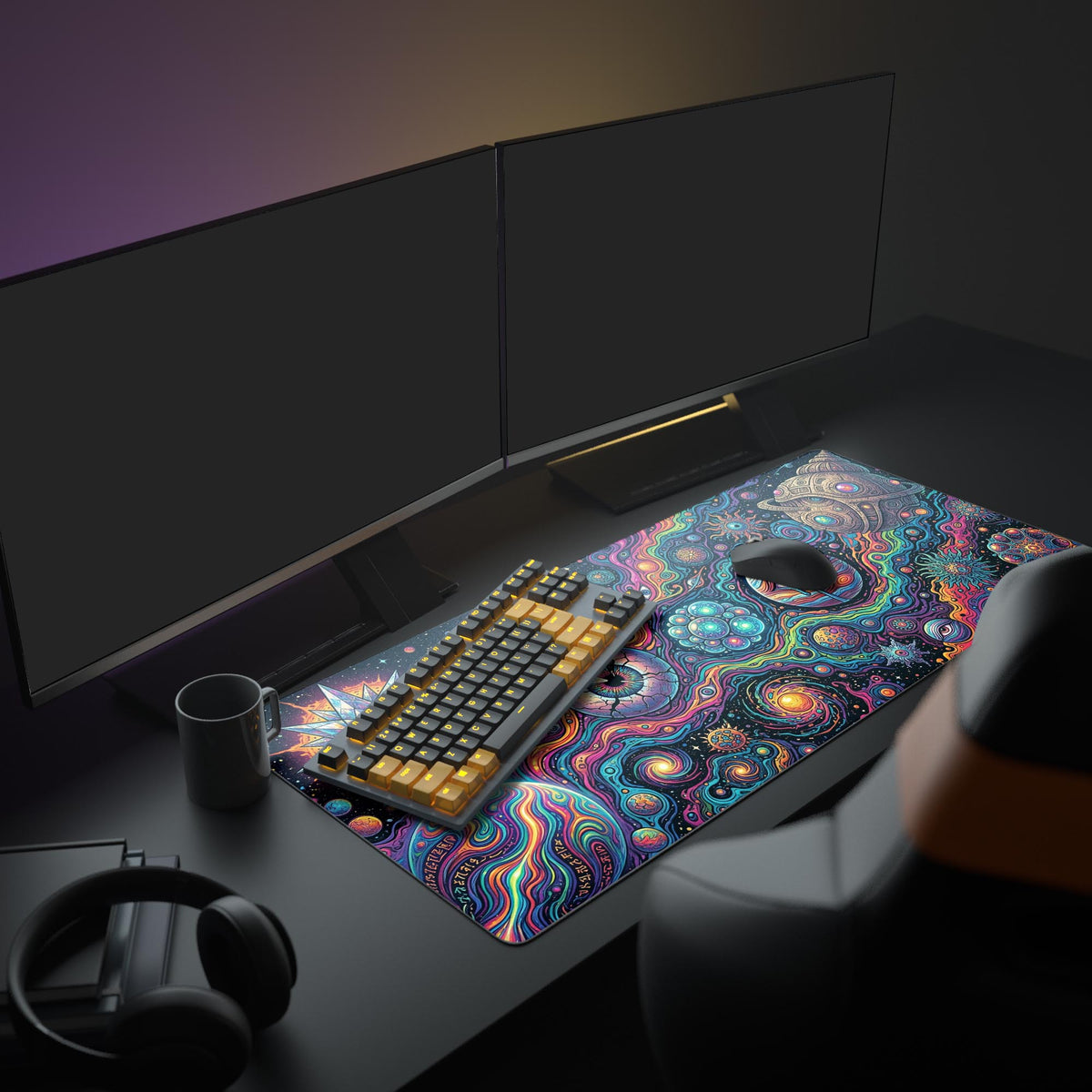 A vibrant cosmic-themed gaming desk mat shown in a full PC setup with a large monitor, glowing keyboard, and mouse, creating an immersive psychedelic workspace. - Epic Design Pads & Mousepads