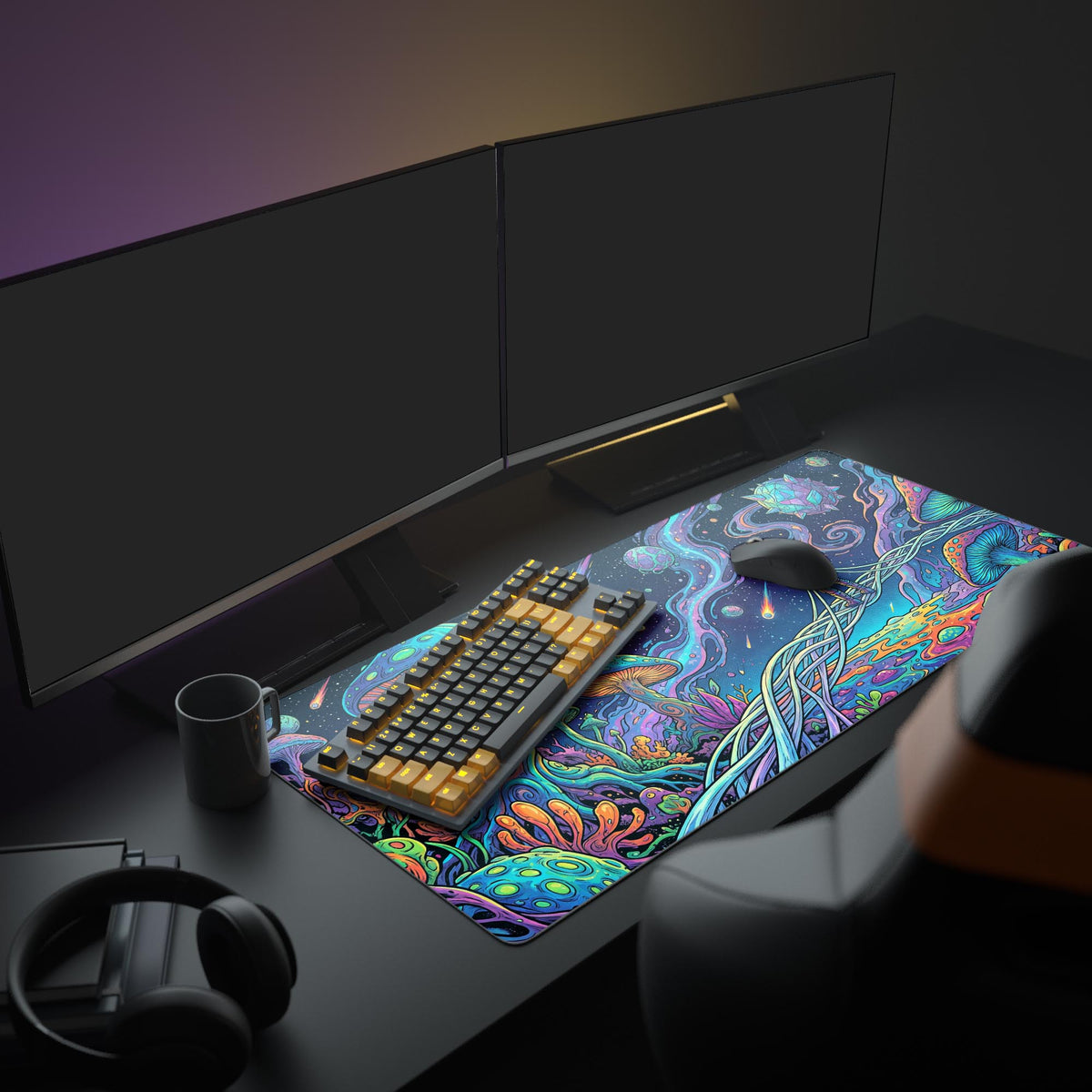 A vibrant PC gaming setup showcasing the Astral Mycelium mouse pad. The sci-fi design with its astronaut and cosmic mushrooms complements the glowing keyboard and multiple monitors. - Epic Design Pads & Mousepads