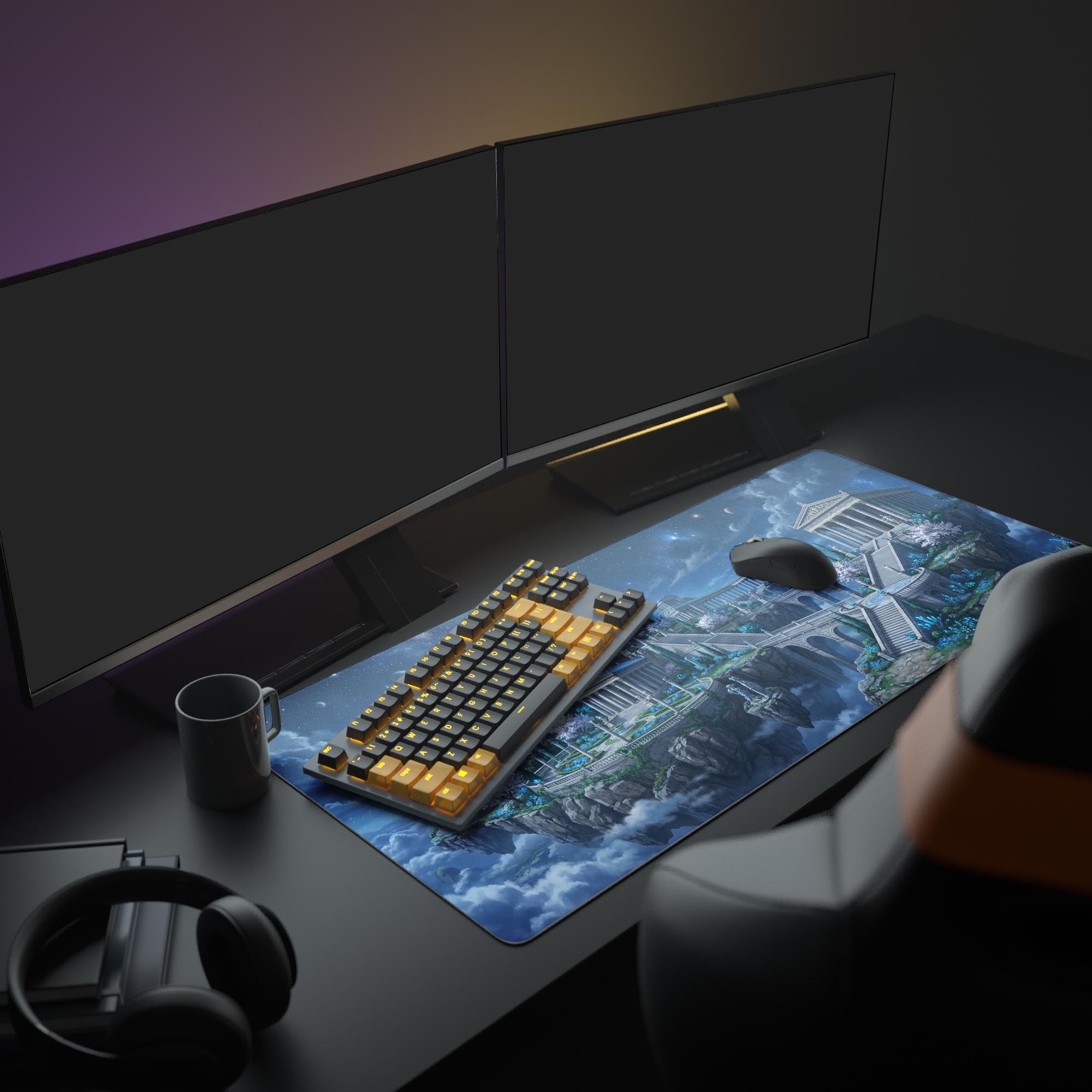 A complete PC setup featuring the Astral Pantheon gaming desk mat. The cosmic temple design complements the glowing keyboard, mouse, and large monitor for an immersive aesthetic. - Epic Design Pads & Mousepads