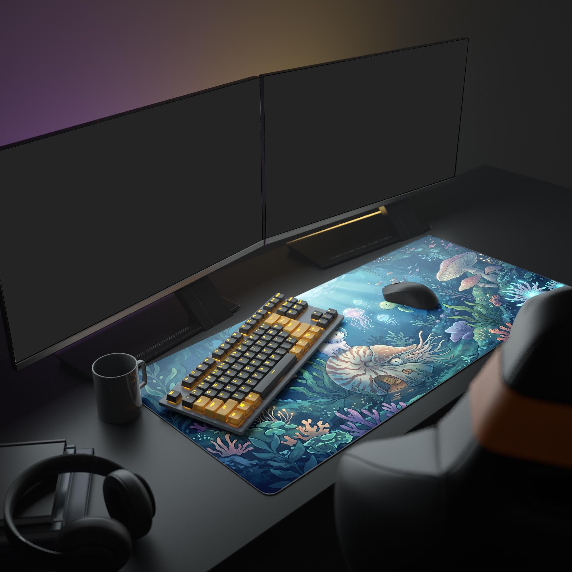 Close-up of the smooth desk mat surface showing glowing jellyfish, a sea turtle, and deep ocean coral details