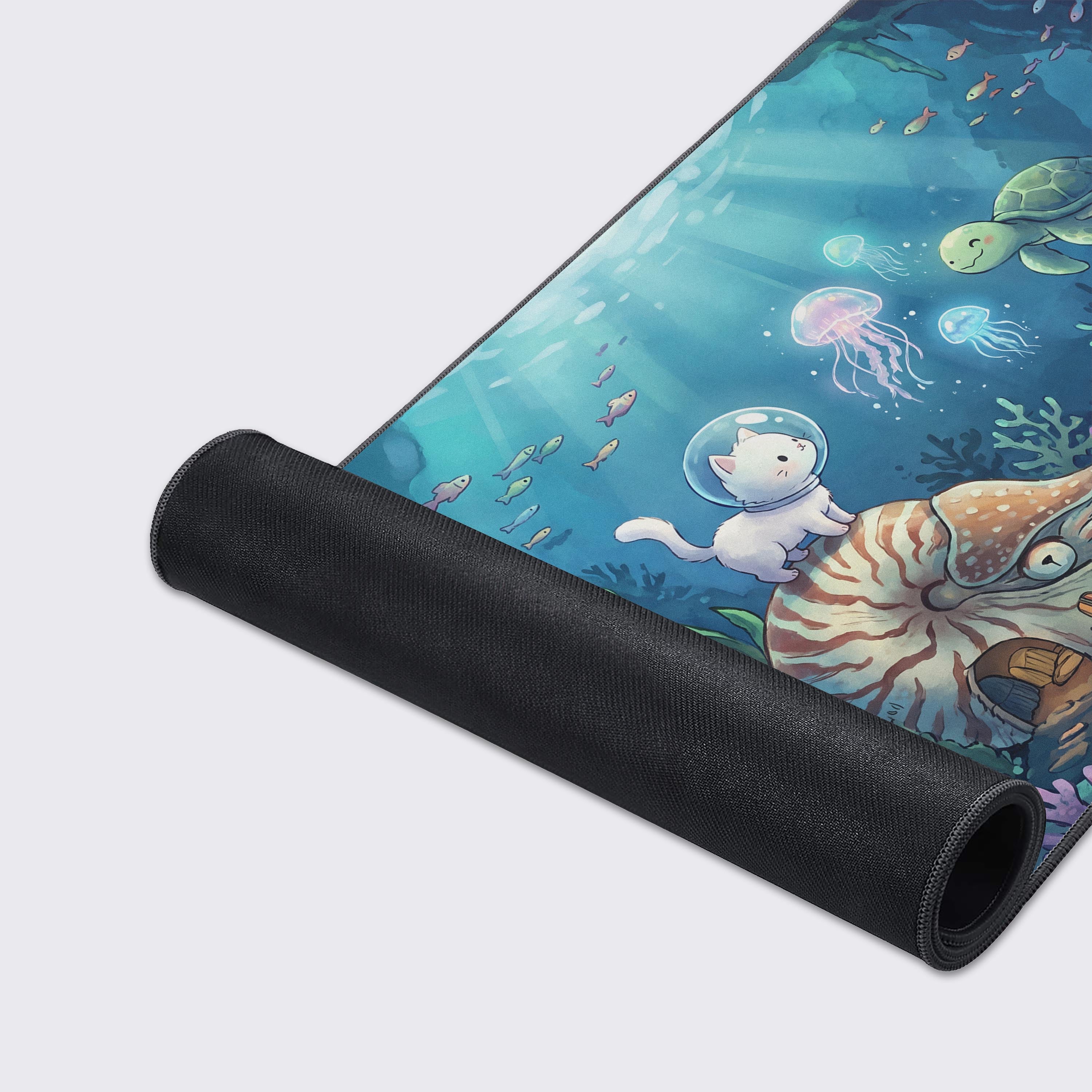 Whimsical underwater fantasy mouse pad with vibrant blue tones, sea anemones, and giant fantasy mushrooms