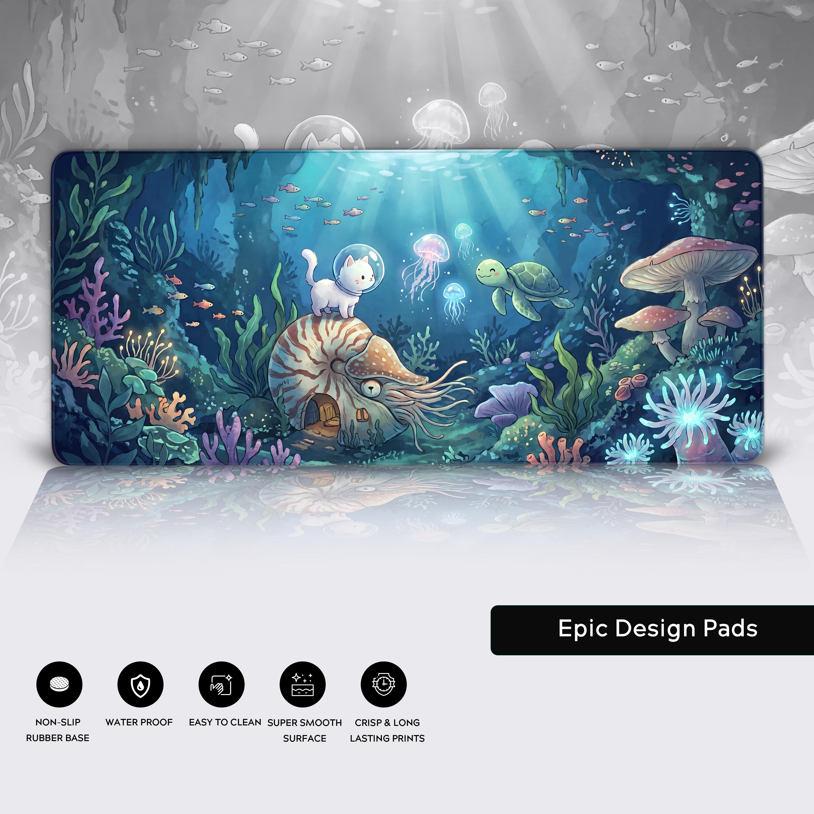 Epic Design Pads feature icons highlighting non-slip base, waterproof surface, and crisp, long-lasting prints