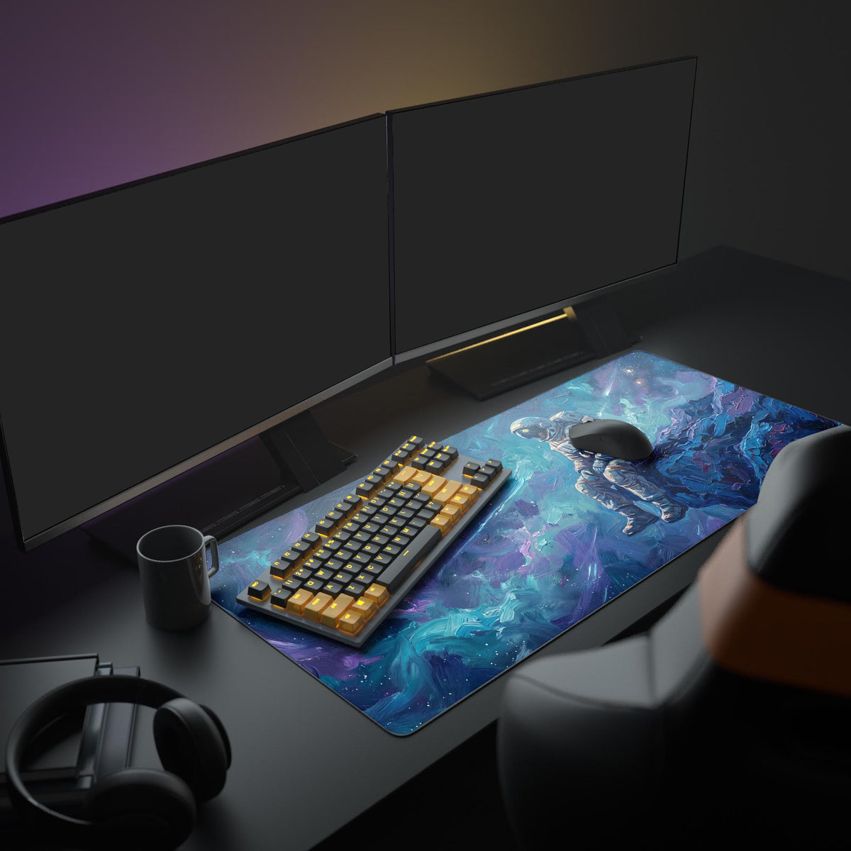 Astronaut nebula desk mat on a dark desk with two monitors, an orange-and-black keyboard, mouse, mug and headphones