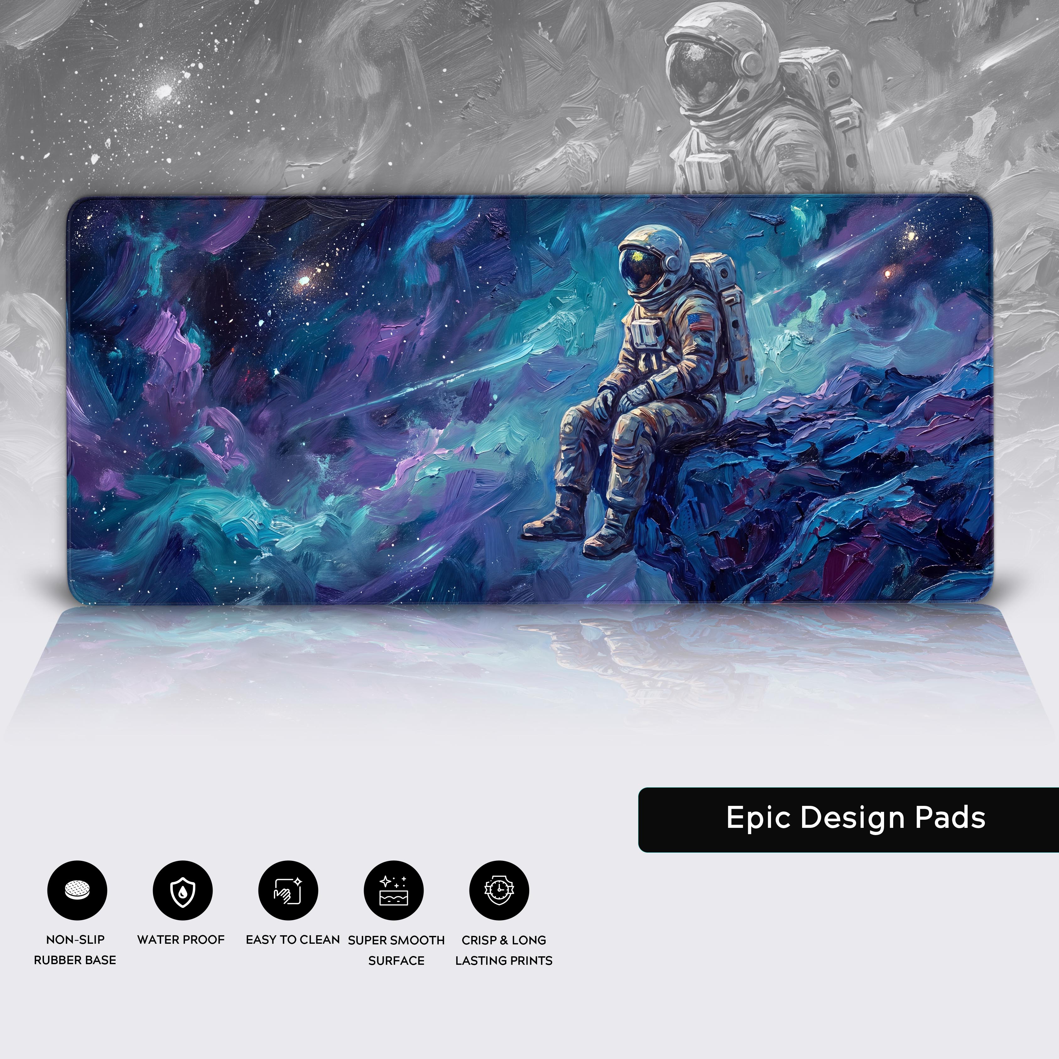 Full view of the astronaut desk mat design with swirling starlight and deep space cosmic background.
