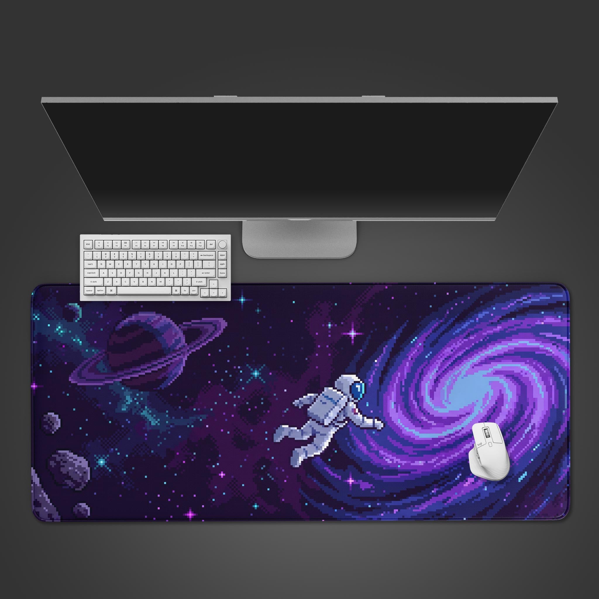 Pixel art desk mat featuring an astronaut floating into a swirling purple galaxy