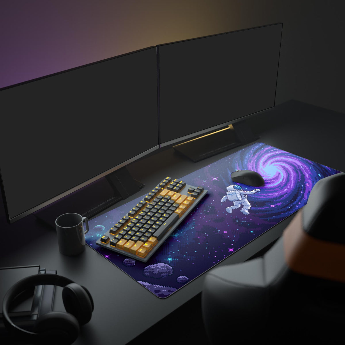 Detail of the desk mat showing a pixelated purple vortex and starry space background