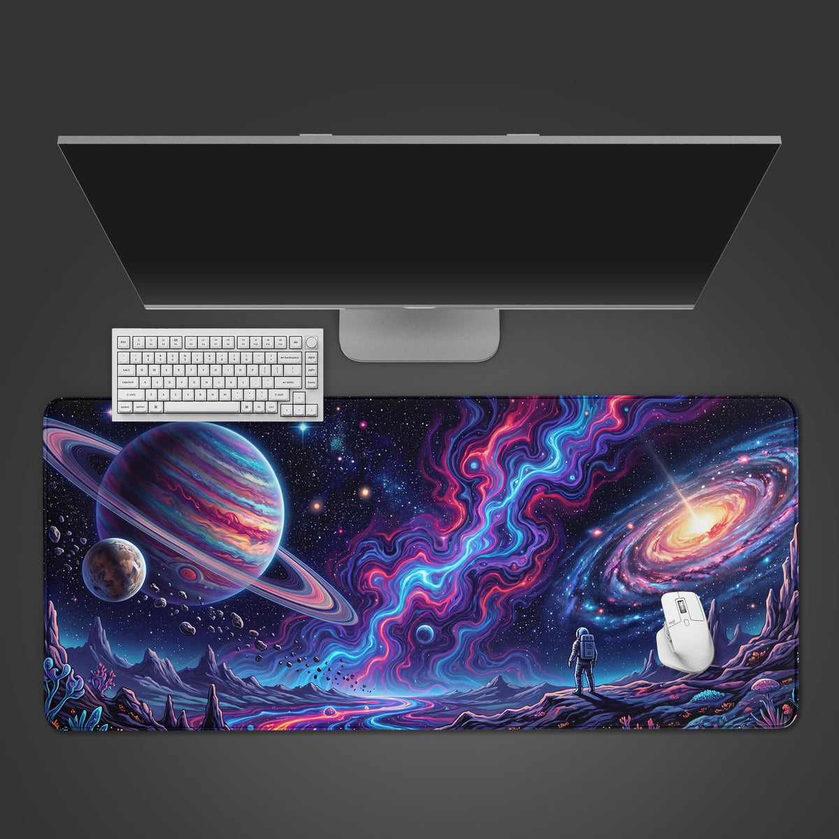 Front view of a desk mat featuring a vibrant psychedelic space scene with an astronaut looking at a neon swirling nebula and a ringed planet.