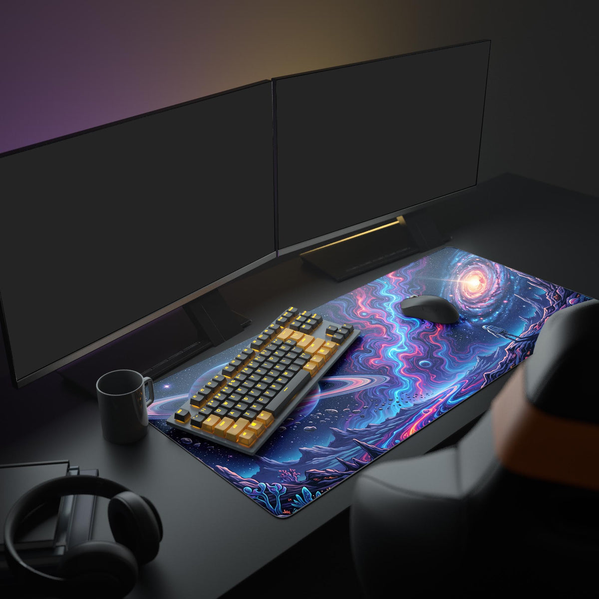 Detailed artwork on the desk mat showing glowing energy rivers, floating asteroids, and an alien landscape in bright pinks, purples, and blues.