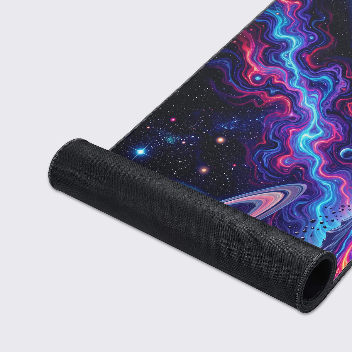 Product showcase of the cosmic astronaut desk mat hovering above a reflective surface, highlighting its rectangular shape and vibrant print.