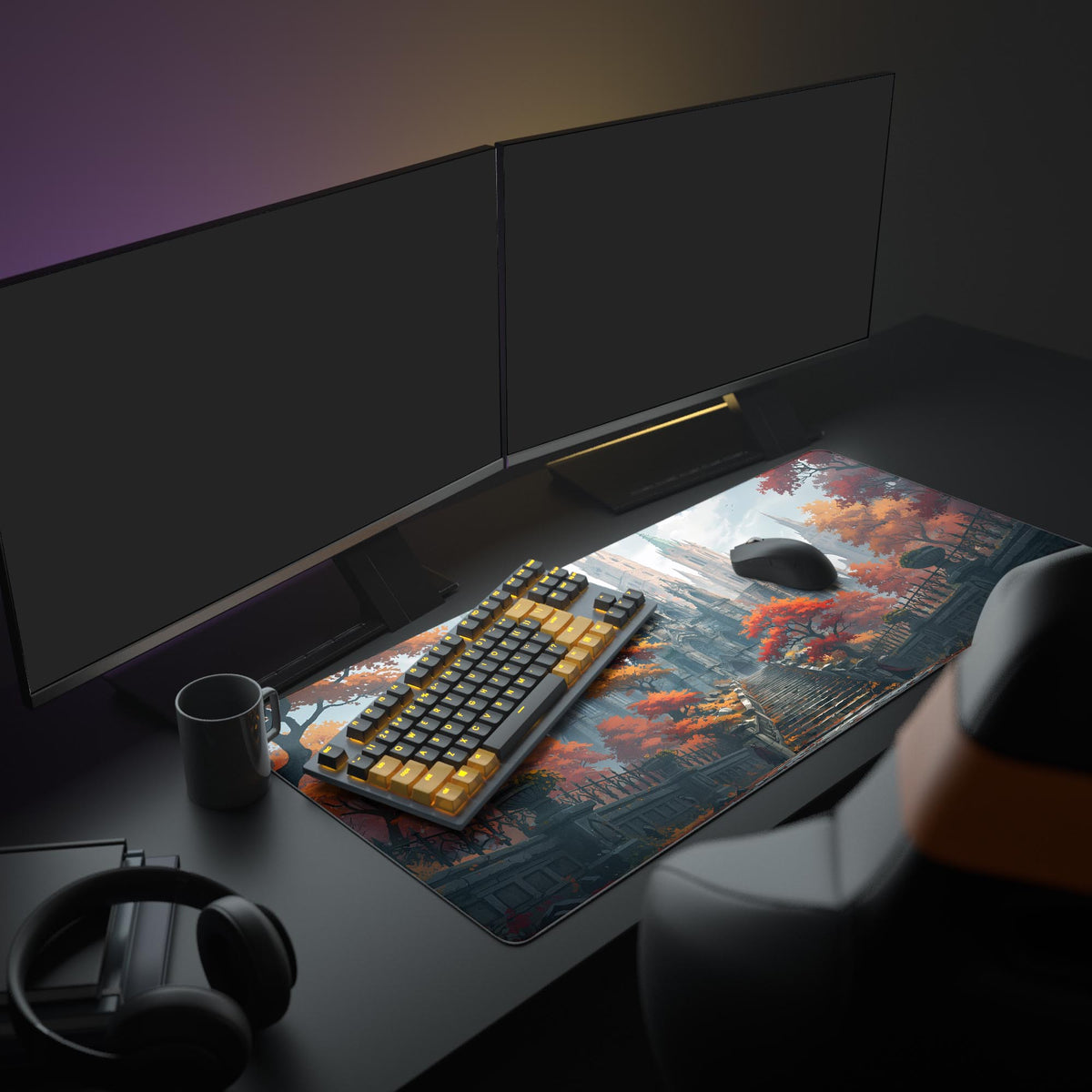 Gothic cathedral and autumn trees desk mat on a dark desk with dual monitors, black and yellow keyboard, mouse and mug - Epic Design Pads & Mousepads