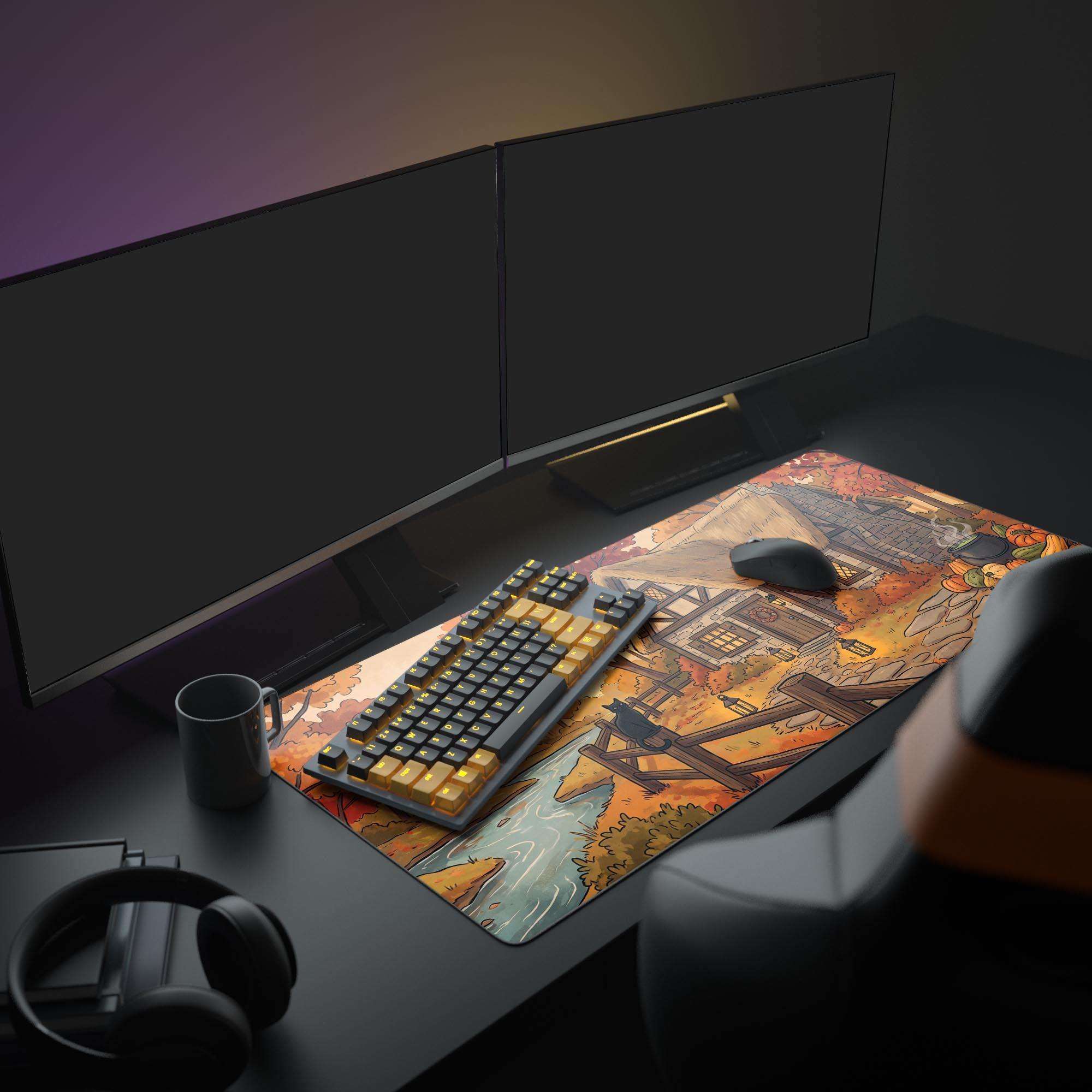 Close-up detail of the autumnal desk mat artwork showing a black cat perched on a wooden fence near glowing lanterns.
