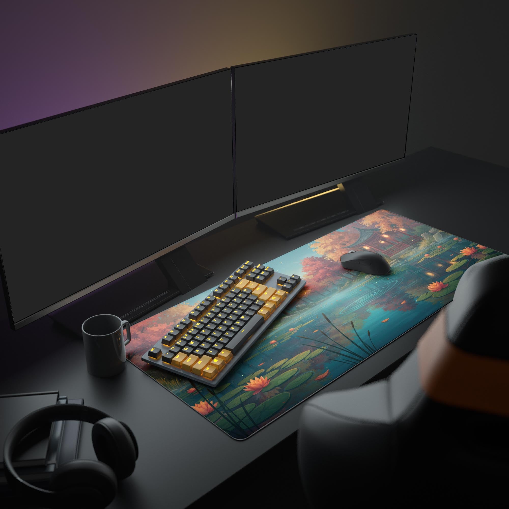 Large Autumn Pond desk mat shown in a cozy desk setup with dual monitors, a mechanical keyboard, and plants. - Epic Design Pads