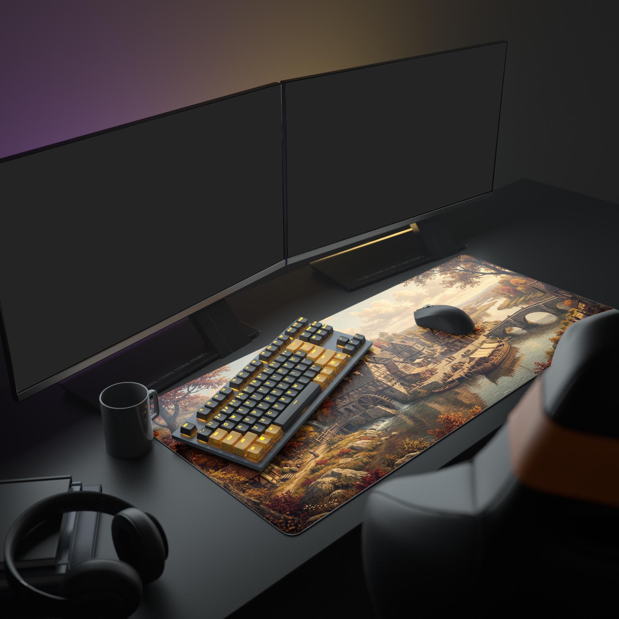 A cozy PC setup featuring the Autumn River Hamlet gaming desk mat, complementing a dual-monitor display and enhancing the aesthetic of a writer's or gamer's workspace. - Epic Design Pads & Mousepads