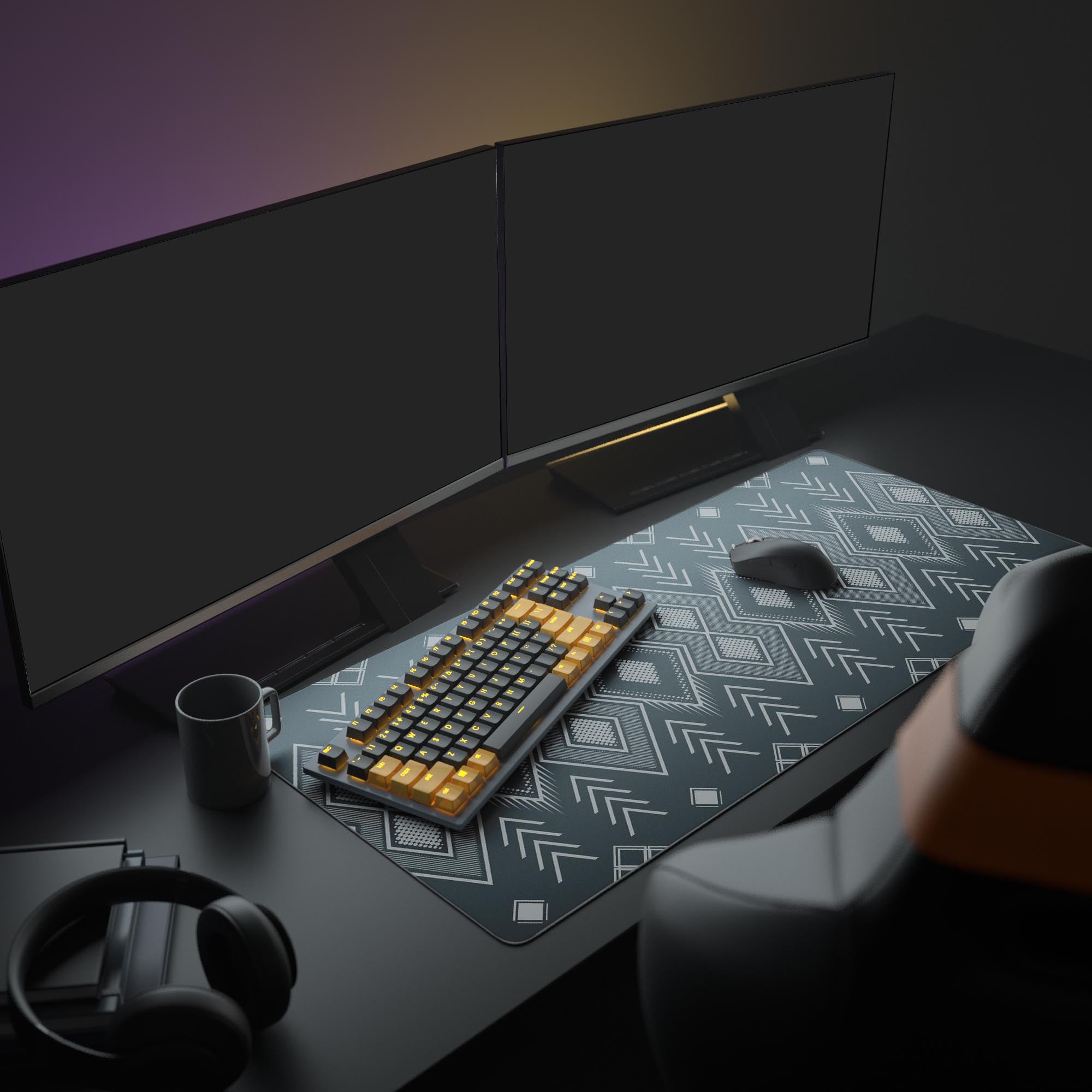 Large Aztec Gray geometric desk mat featured in a complete office setup with dual monitors, mechanical keyboard, and headphones, showcasing a modern boho aesthetic. - Epic Design Pads & Mousepads